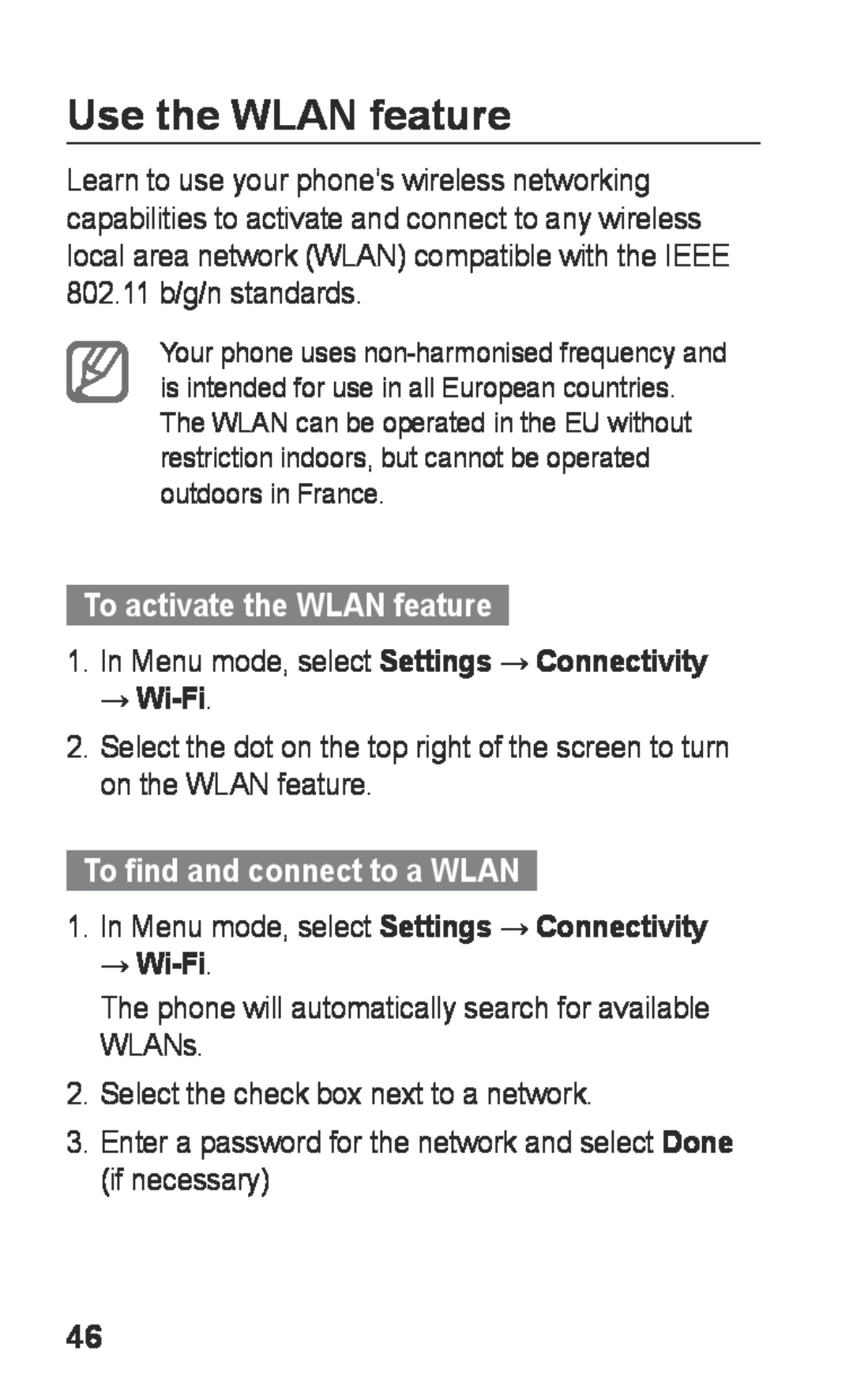 Samsung GT-S5260OKPAMN, GT-S5260RWPDBT Use the WLAN feature, To activate the WLAN feature, To find and connect to a WLAN 