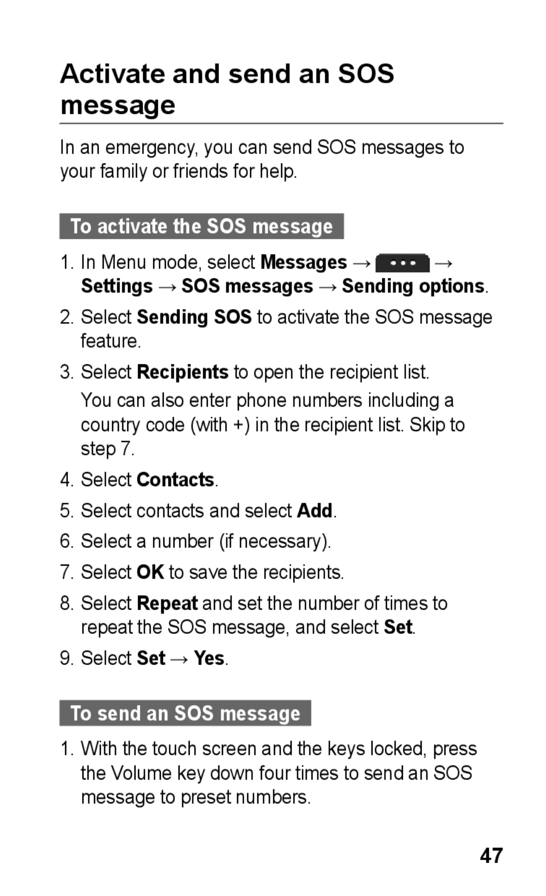 Samsung GT-S5260RWPAMN manual Activate and send an SOS message, To activate the SOS message, To send an SOS message 