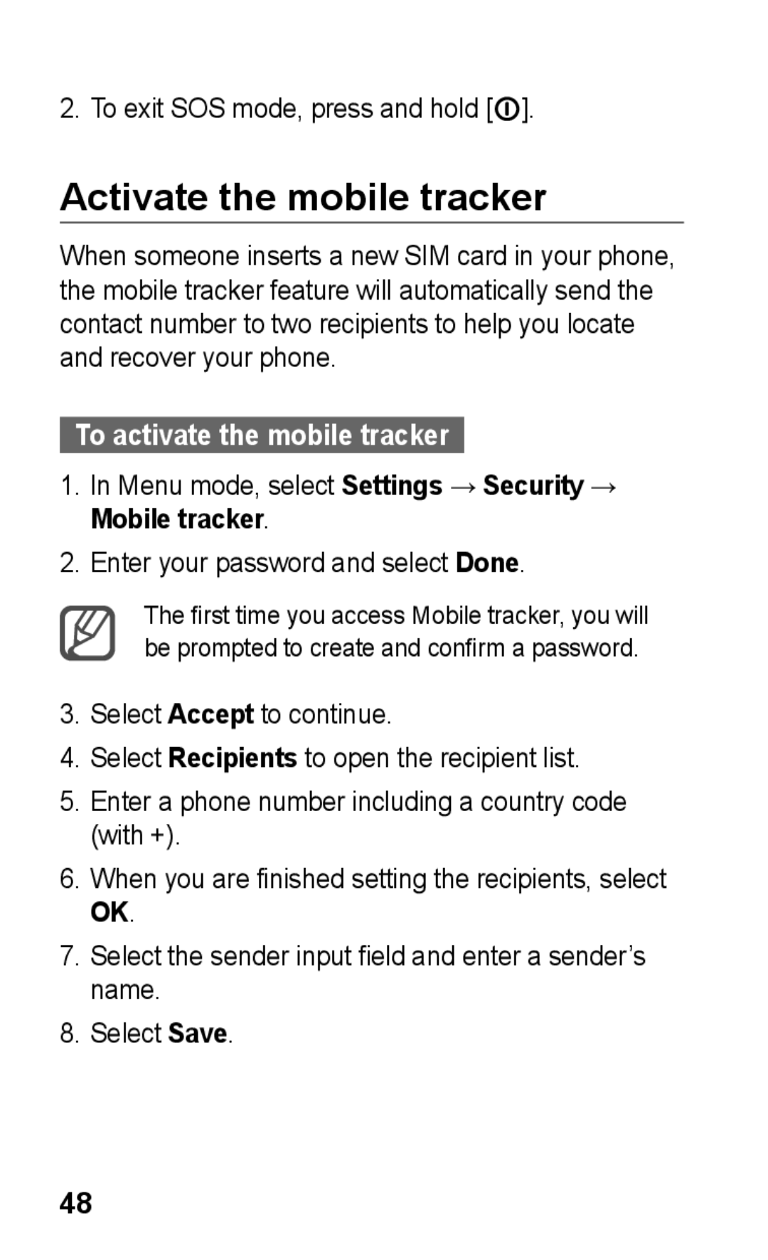 Samsung GT-S5260RWPMTL, GT-S5260RWPDBT, GT-S5260OKPDBT manual Activate the mobile tracker, To activate the mobile tracker 