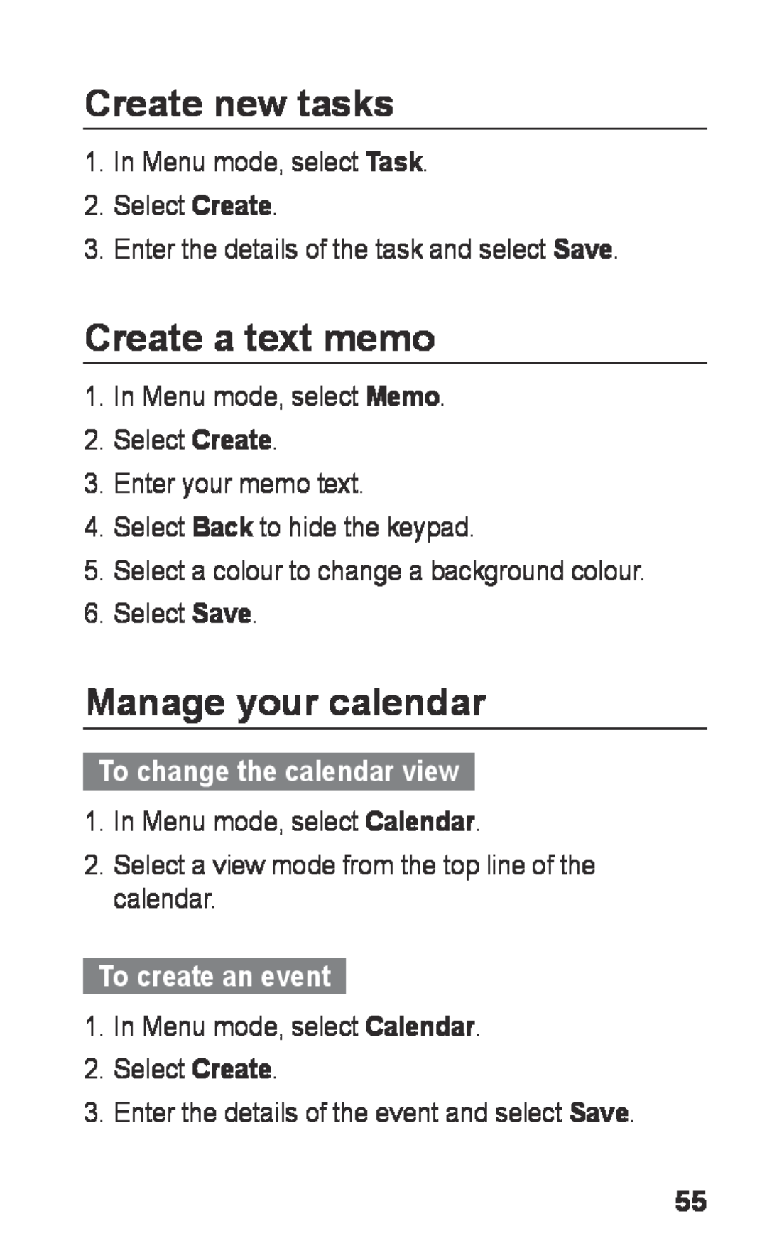 Samsung GT-S5260OKPFTM manual Create new tasks, Create a text memo, Manage your calendar, To change the calendar view 