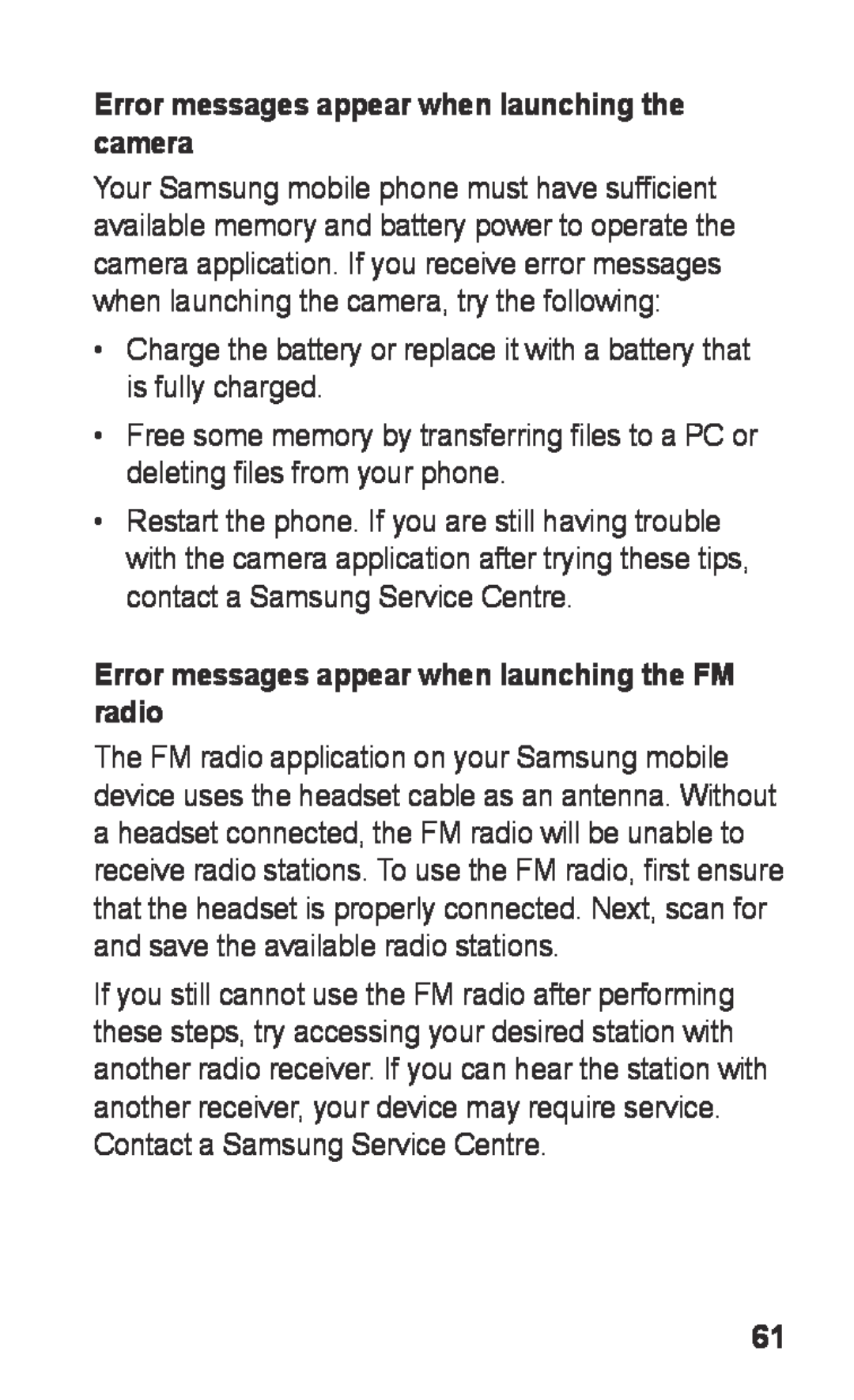 Samsung GT-S5260OKPDBT Error messages appear when launching the camera, Error messages appear when launching the FM radio 