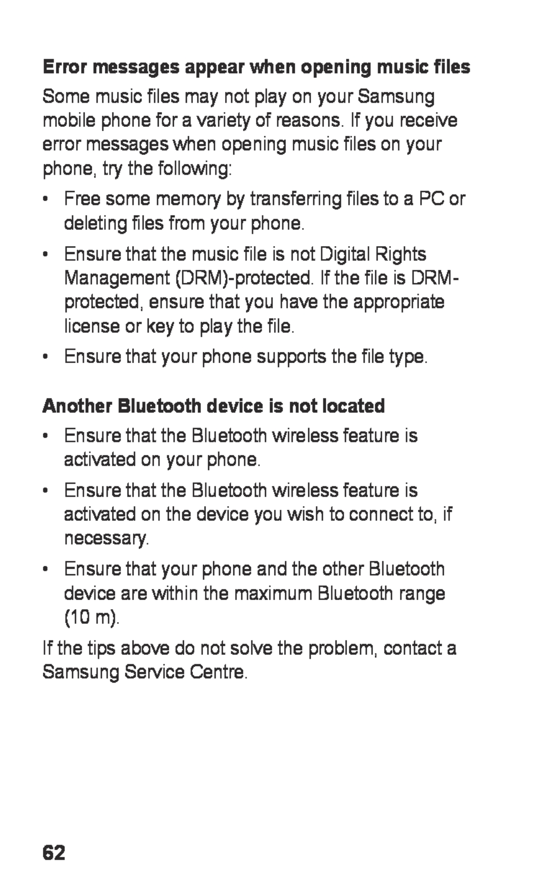 Samsung GT-S5260RWPXEF manual Another Bluetooth device is not located, Error messages appear when opening music files 