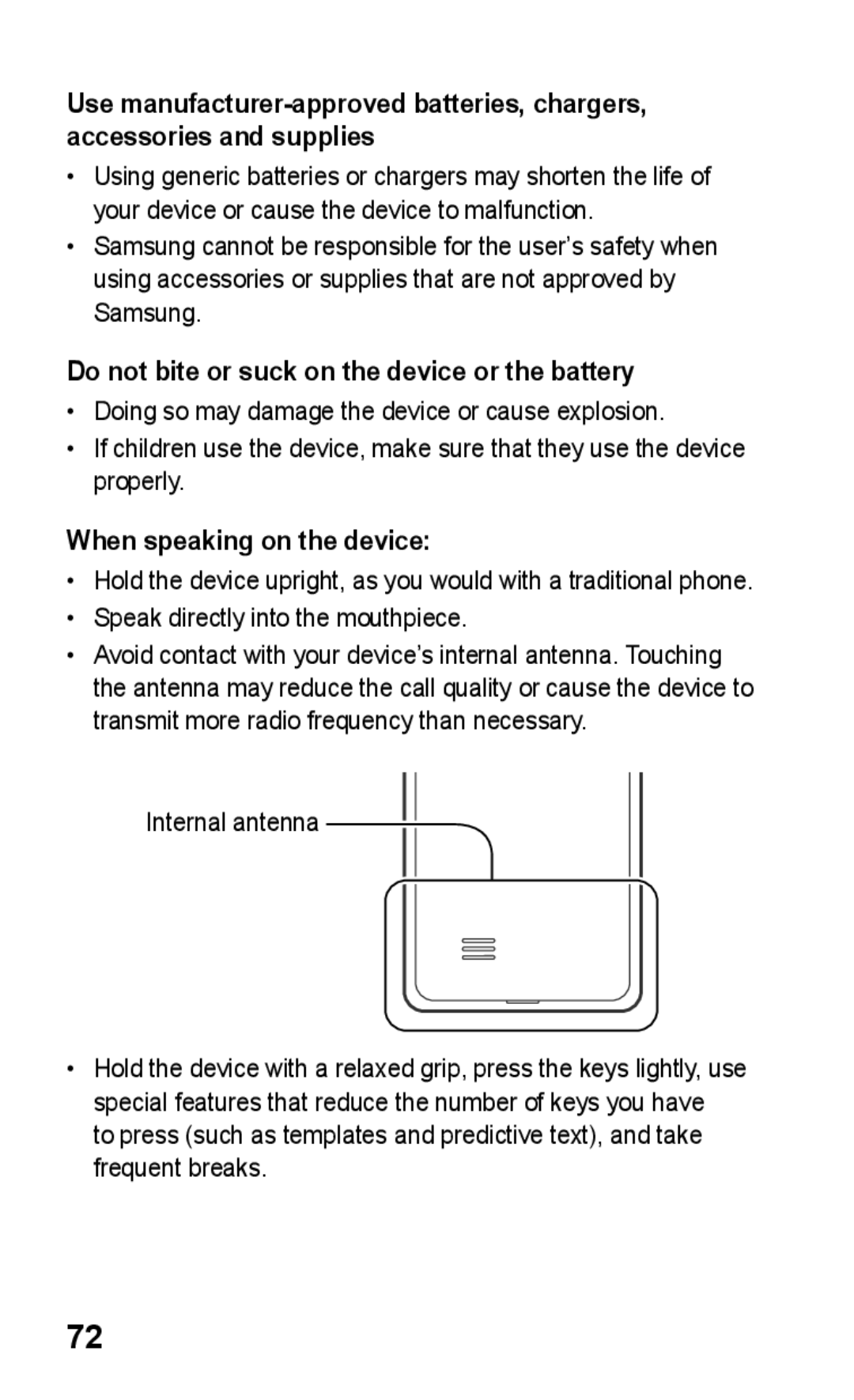Samsung GT-S5260RWPXEF, GT-S5260RWPDBT manual Do not bite or suck on the device or the battery, When speaking on the device 