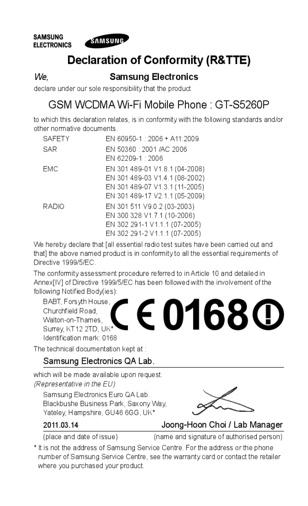 Samsung GT-S5260RWPDBT manual GSM WCDMA Wi-Fi Mobile Phone GT-S5260P, Declaration of Conformity R&TTE, Samsung Electronics 