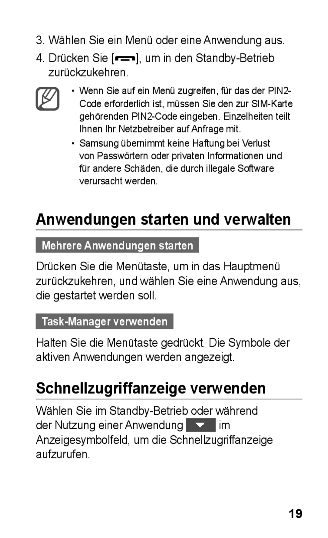 Samsung GT-S5260OKPDBT Anwendungen starten und verwalten, Schnellzugriffanzeige verwenden, Mehrere Anwendungen starten 