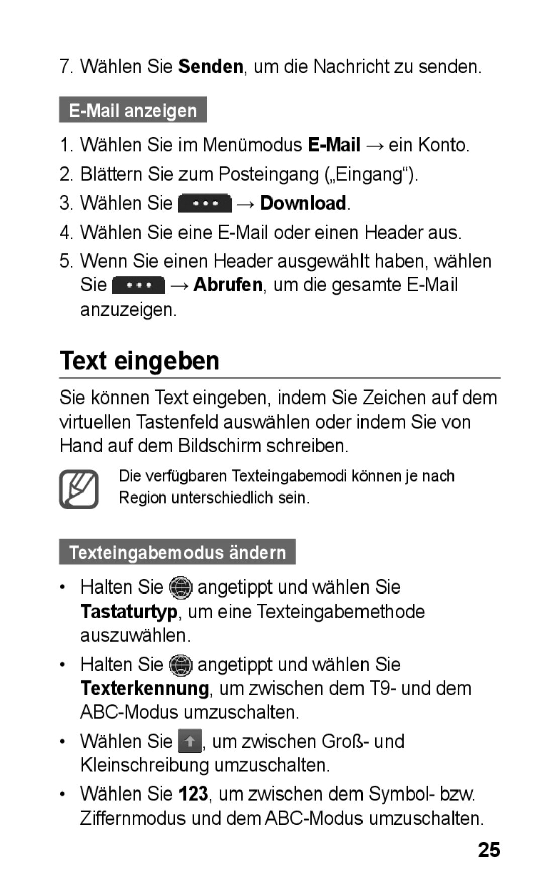 Samsung GT-S5260OKPDBT, GT-S5260RWPDBT manual Text eingeben, Mail anzeigen, Sie → Abrufen, um die gesamte E-Mail anzuzeigen 