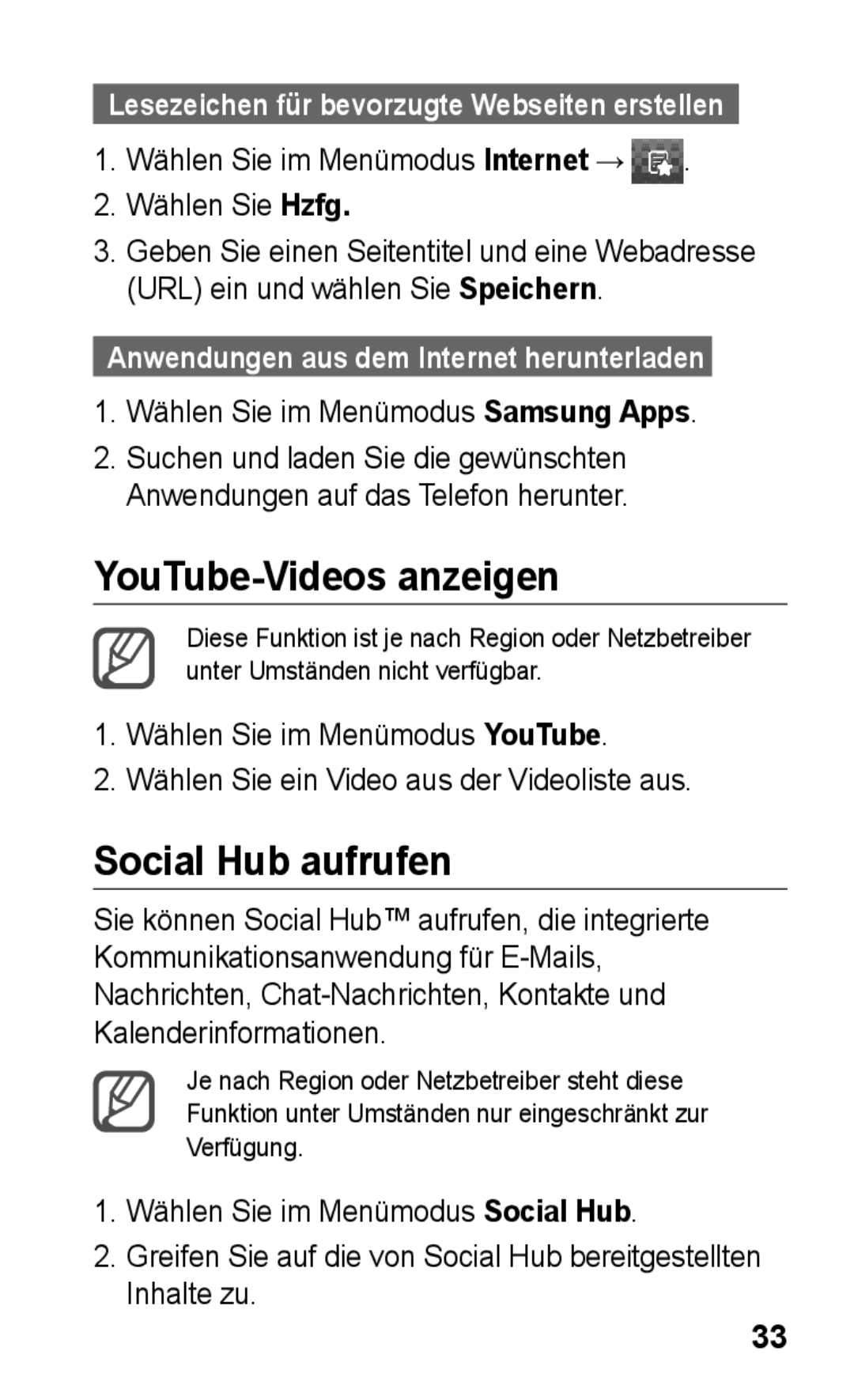 Samsung GT-S5260OKPDBT YouTube-Videos anzeigen, Social Hub aufrufen, Wählen Sie im Menümodus Internet → Wählen Sie Hzfg 