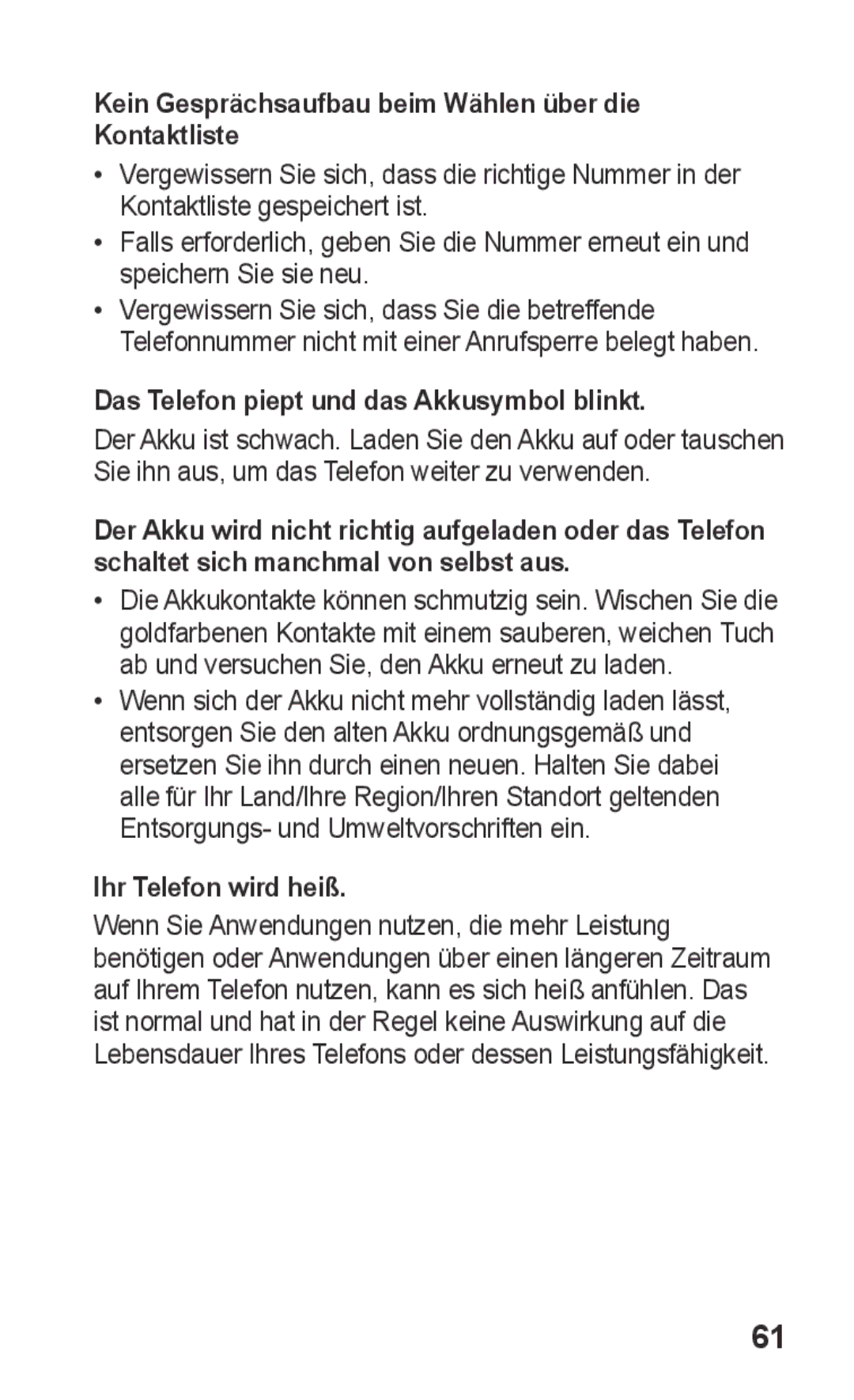 Samsung GT-S5260OKPDBT Kein Gesprächsaufbau beim Wählen über die Kontaktliste, Das Telefon piept und das Akkusymbol blinkt 