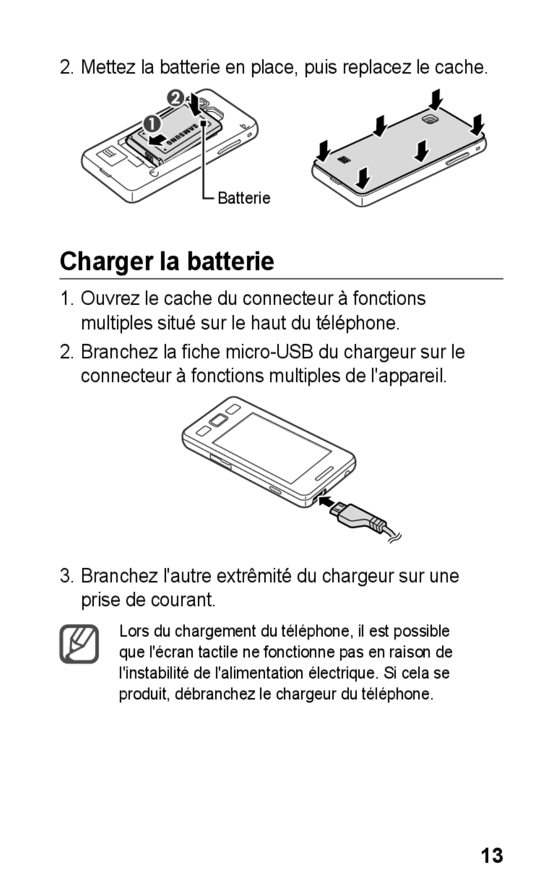 Samsung GT-S5260RWPFTM, GT-S5260RWPXEF, GT-S5260OKPXEF, GT-S5260OKPFTM manual Charger la batterie 