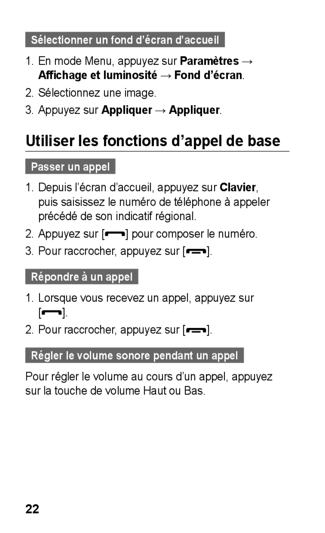 Samsung GT-S5260OKPXEF Utiliser les fonctions d’appel de base, Sélectionner un fond d’écran d’accueil, Passer un appel 