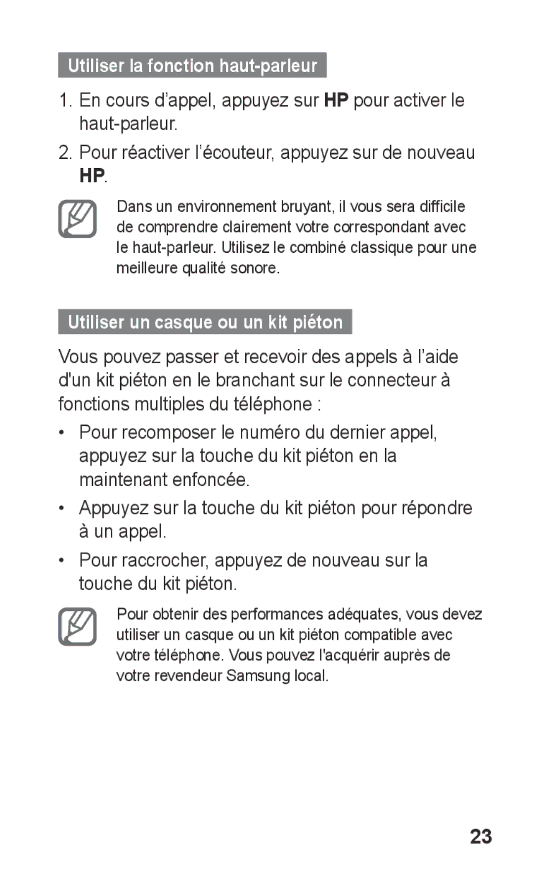 Samsung GT-S5260OKPFTM, GT-S5260RWPXEF manual Utiliser la fonction haut-parleur, Utiliser un casque ou un kit piéton 