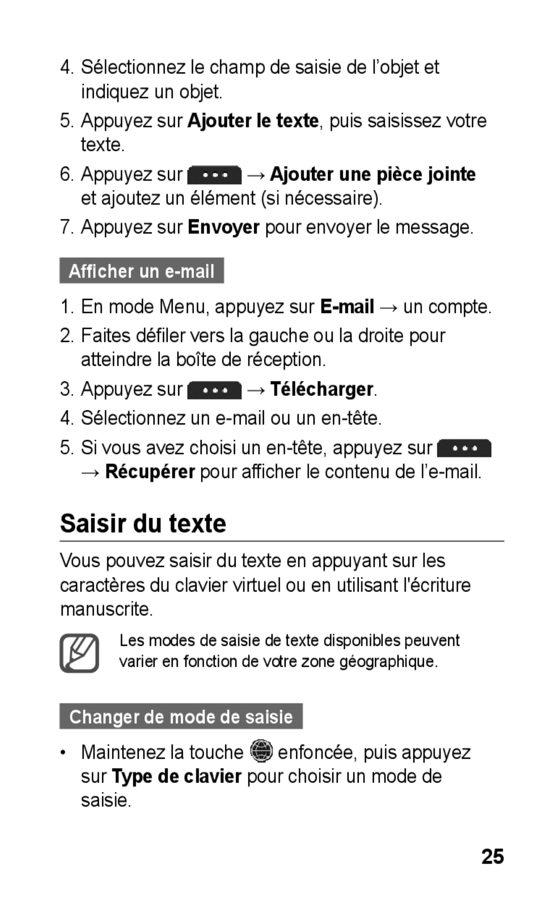 Samsung GT-S5260RWPFTM, GT-S5260RWPXEF, GT-S5260OKPXEF manual Saisir du texte, Afficher un e-mail, Changer de mode de saisie 