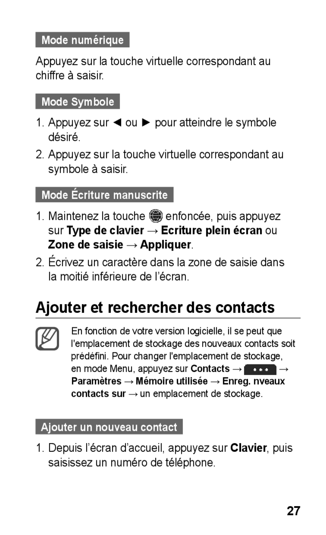 Samsung GT-S5260OKPFTM manual Ajouter et rechercher des contacts, Mode numérique, Mode Symbole, Mode Écriture manuscrite 