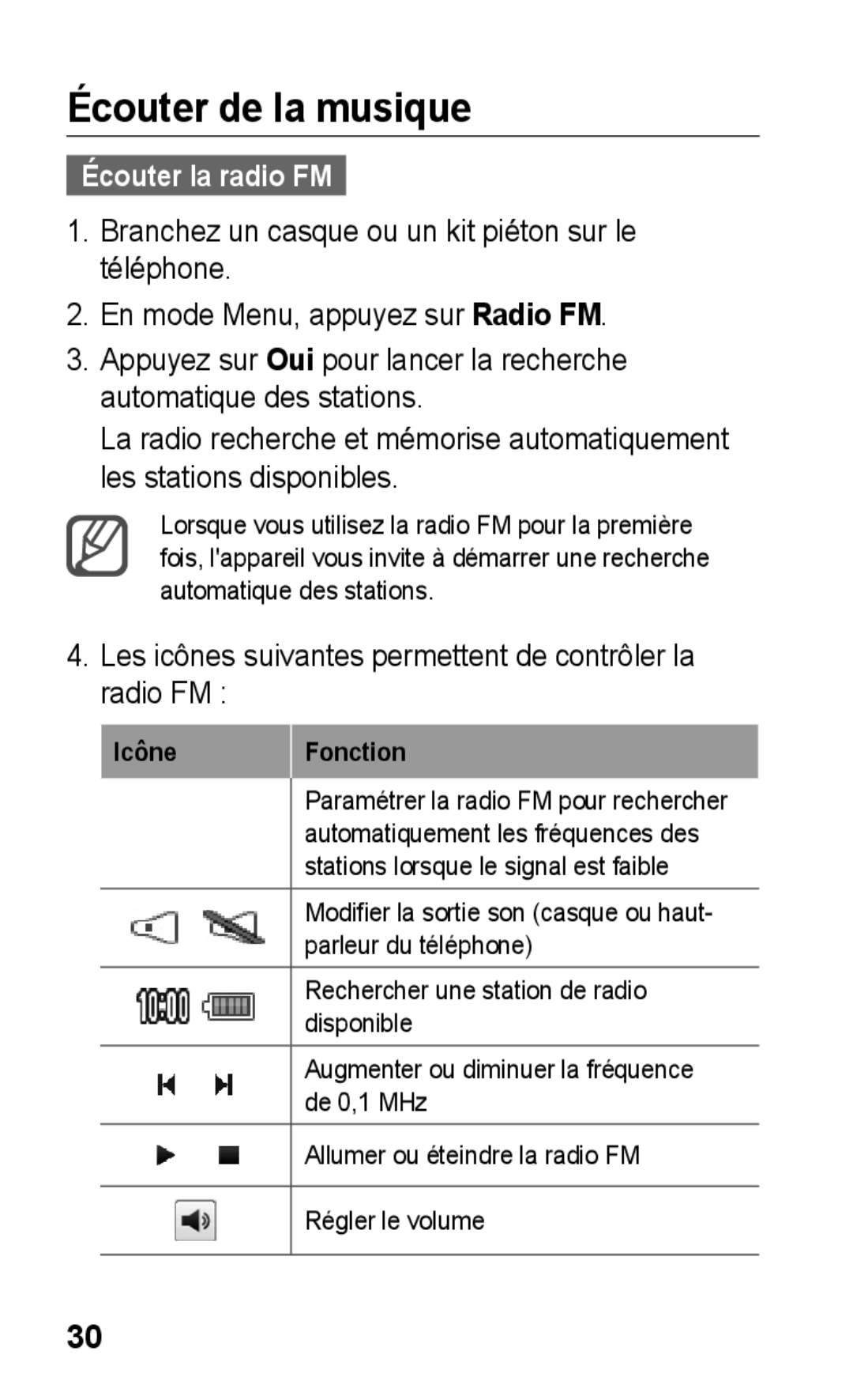 Samsung GT-S5260OKPXEF, GT-S5260RWPXEF, GT-S5260RWPFTM, GT-S5260OKPFTM manual Écouter de la musique, Écouter la radio FM 