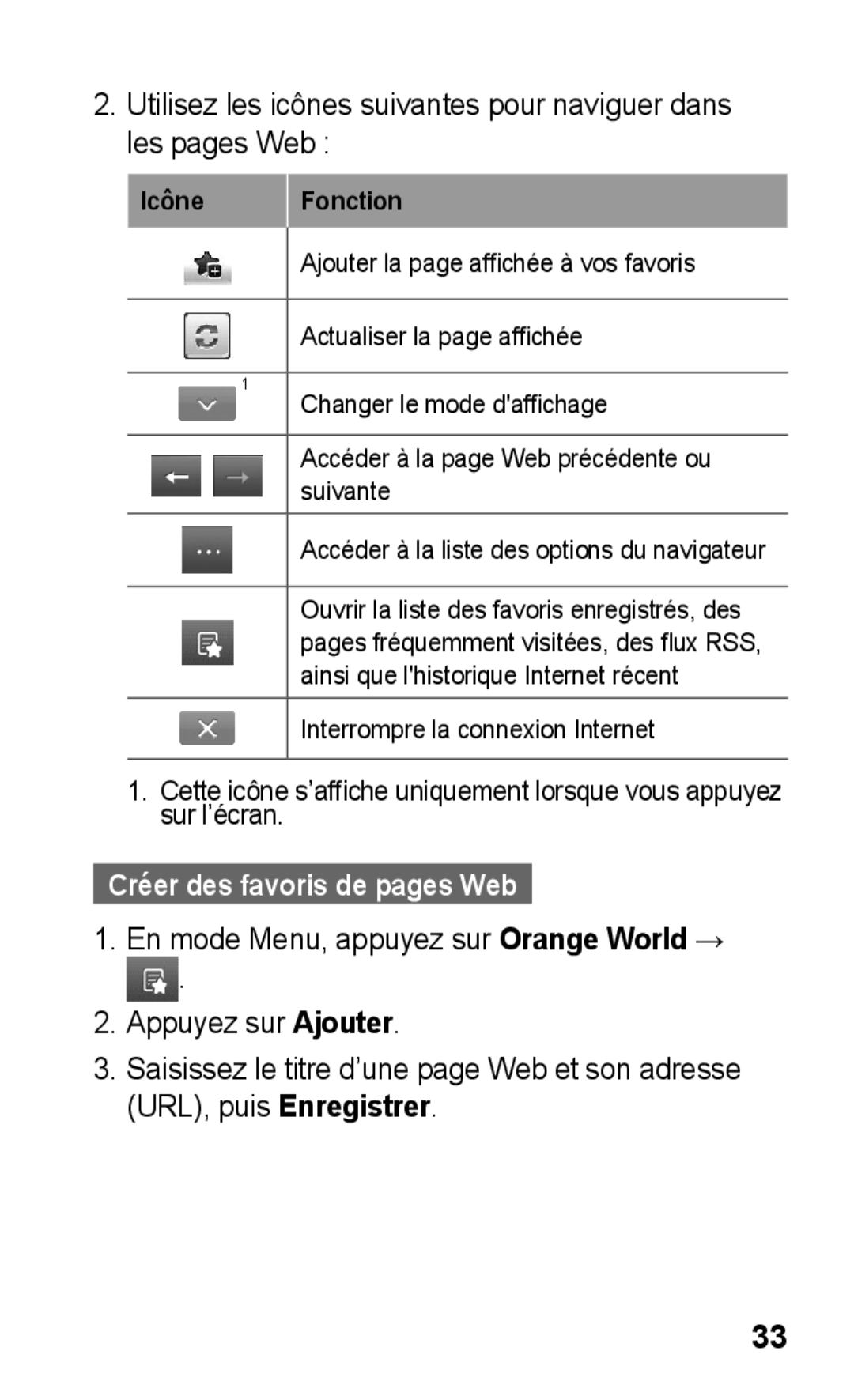 Samsung GT-S5260RWPFTM, GT-S5260RWPXEF, GT-S5260OKPXEF, GT-S5260OKPFTM manual Créer des favoris de pages Web 