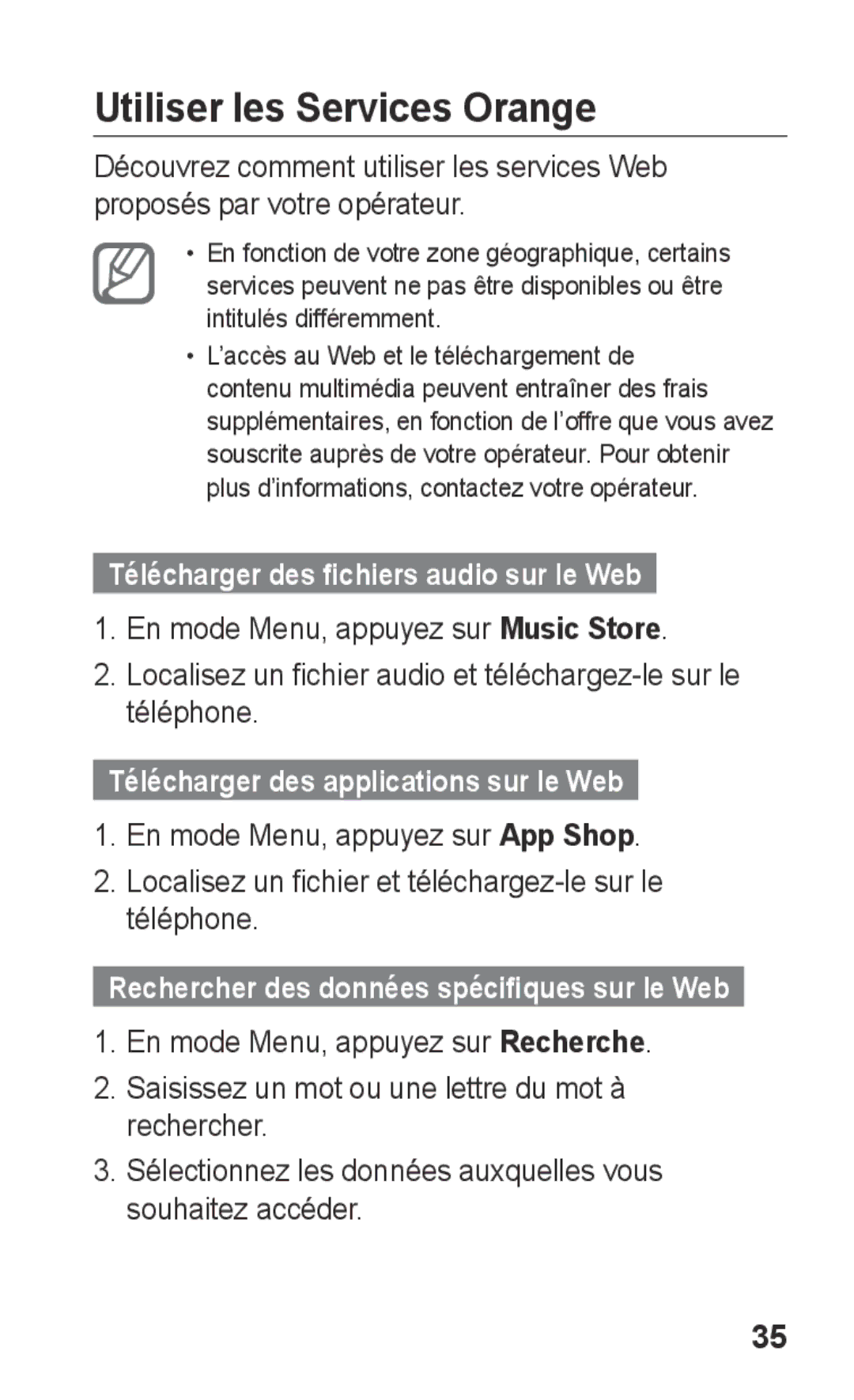 Samsung GT-S5260OKPFTM, GT-S5260RWPXEF manual Utiliser les Services Orange, Télécharger des fichiers audio sur le Web 