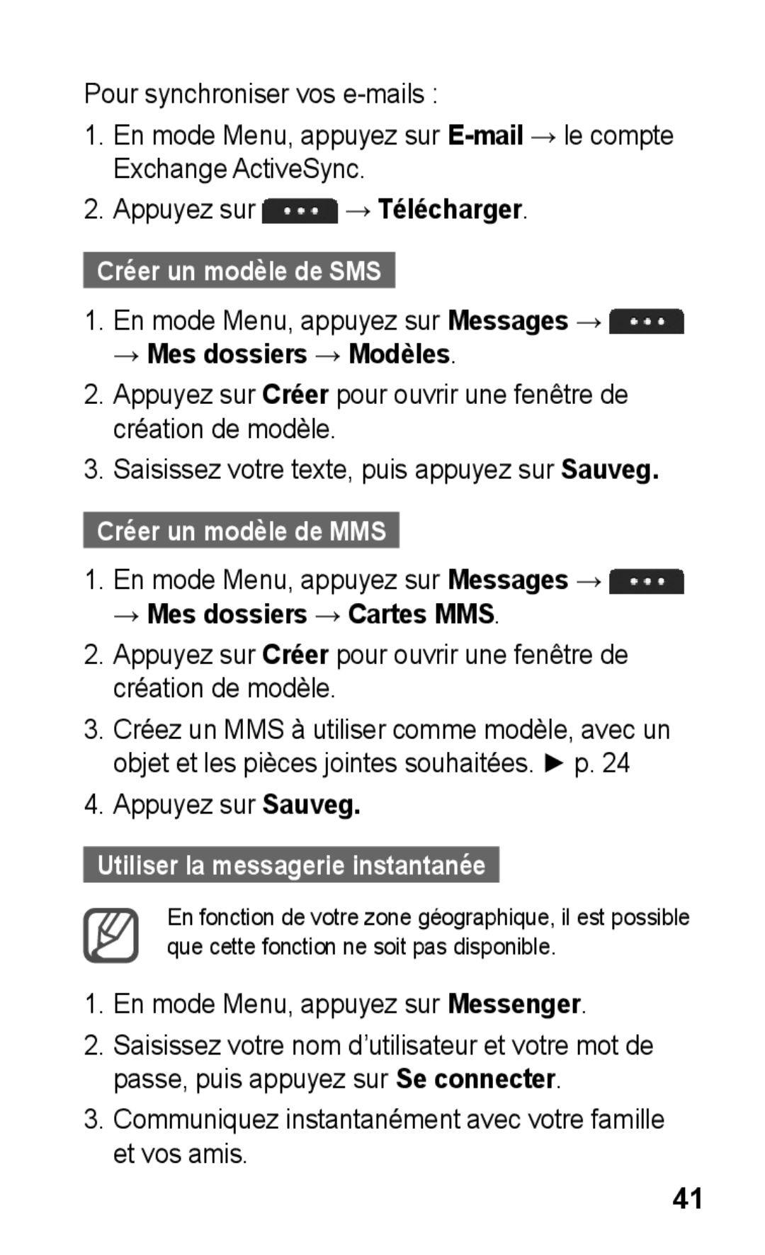 Samsung GT-S5260RWPFTM, GT-S5260RWPXEF manual Créer un modèle de SMS, → Mes dossiers → Modèles, Créer un modèle de MMS 