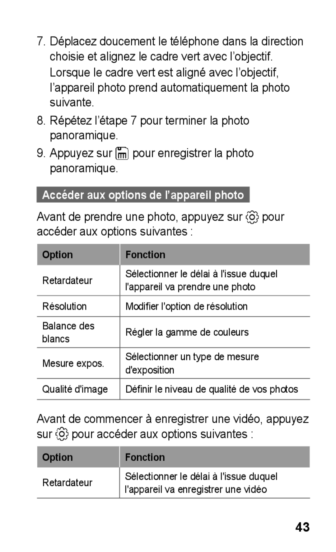 Samsung GT-S5260OKPFTM, GT-S5260RWPXEF, GT-S5260RWPFTM manual Accéder aux options de l’appareil photo, Option Fonction 