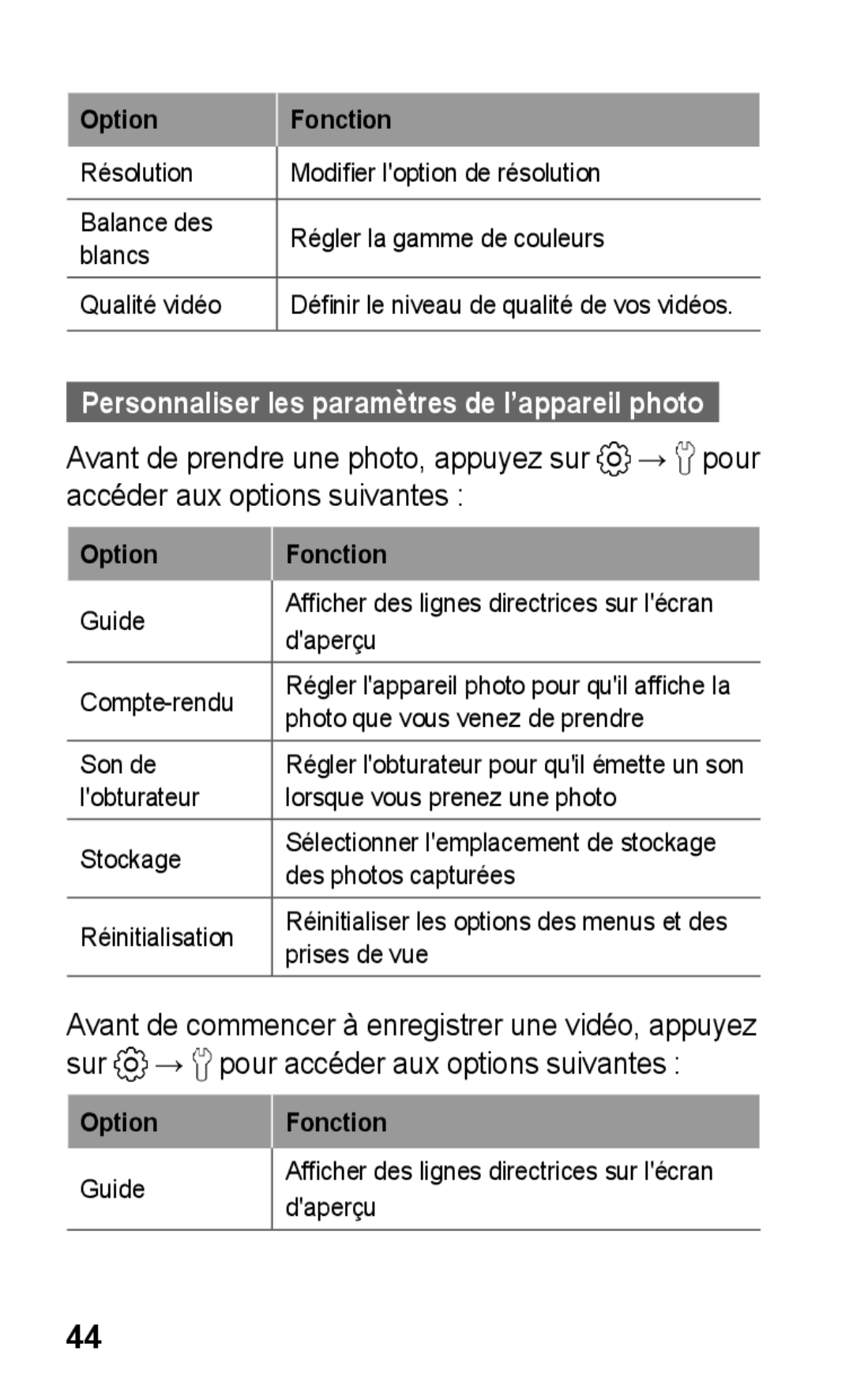 Samsung GT-S5260RWPXEF, GT-S5260RWPFTM, GT-S5260OKPXEF, GT-S5260OKPFTM manual Personnaliser les paramètres de l’appareil photo 