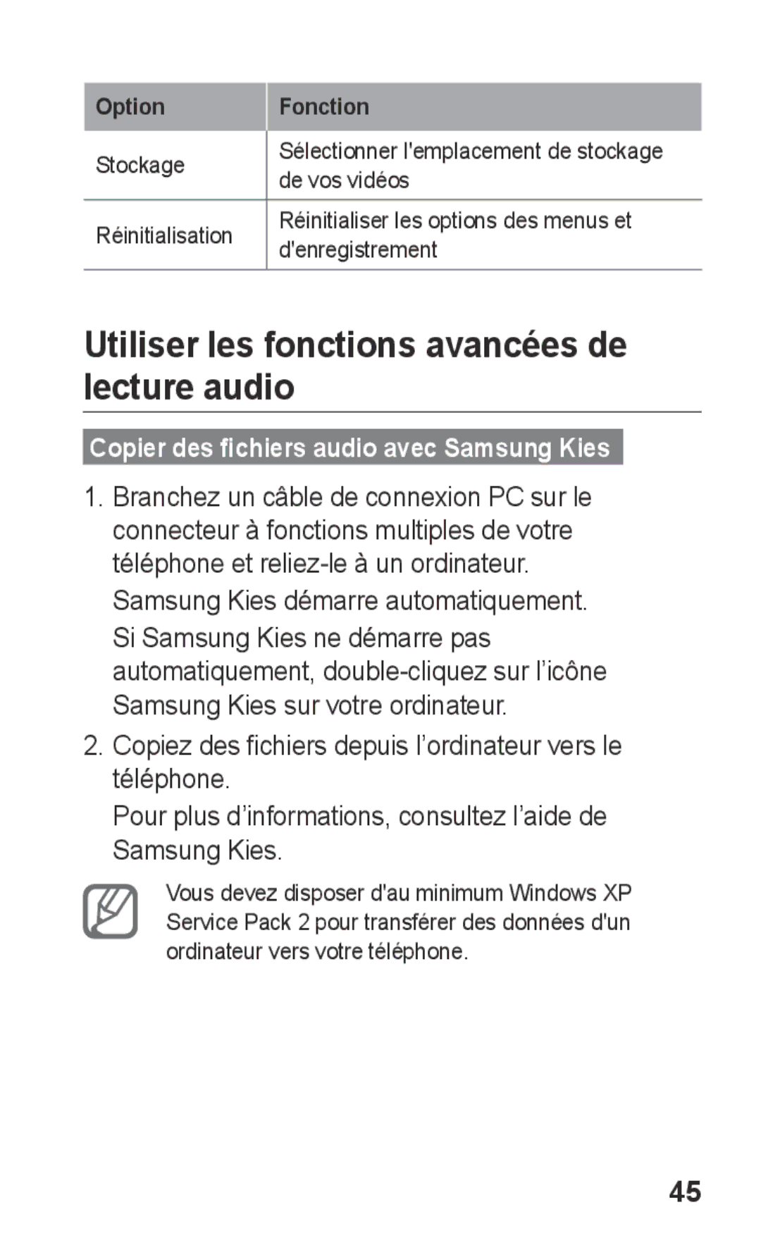 Samsung GT-S5260RWPFTM Utiliser les fonctions avancées de lecture audio,  Copier des fichiers audio avec Samsung Kies 