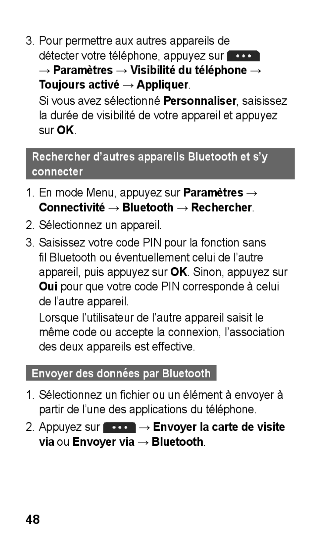 Samsung GT-S5260RWPXEF manual Rechercher d’autres appareils Bluetooth et s’y connecter , Envoyer des données par Bluetooth 