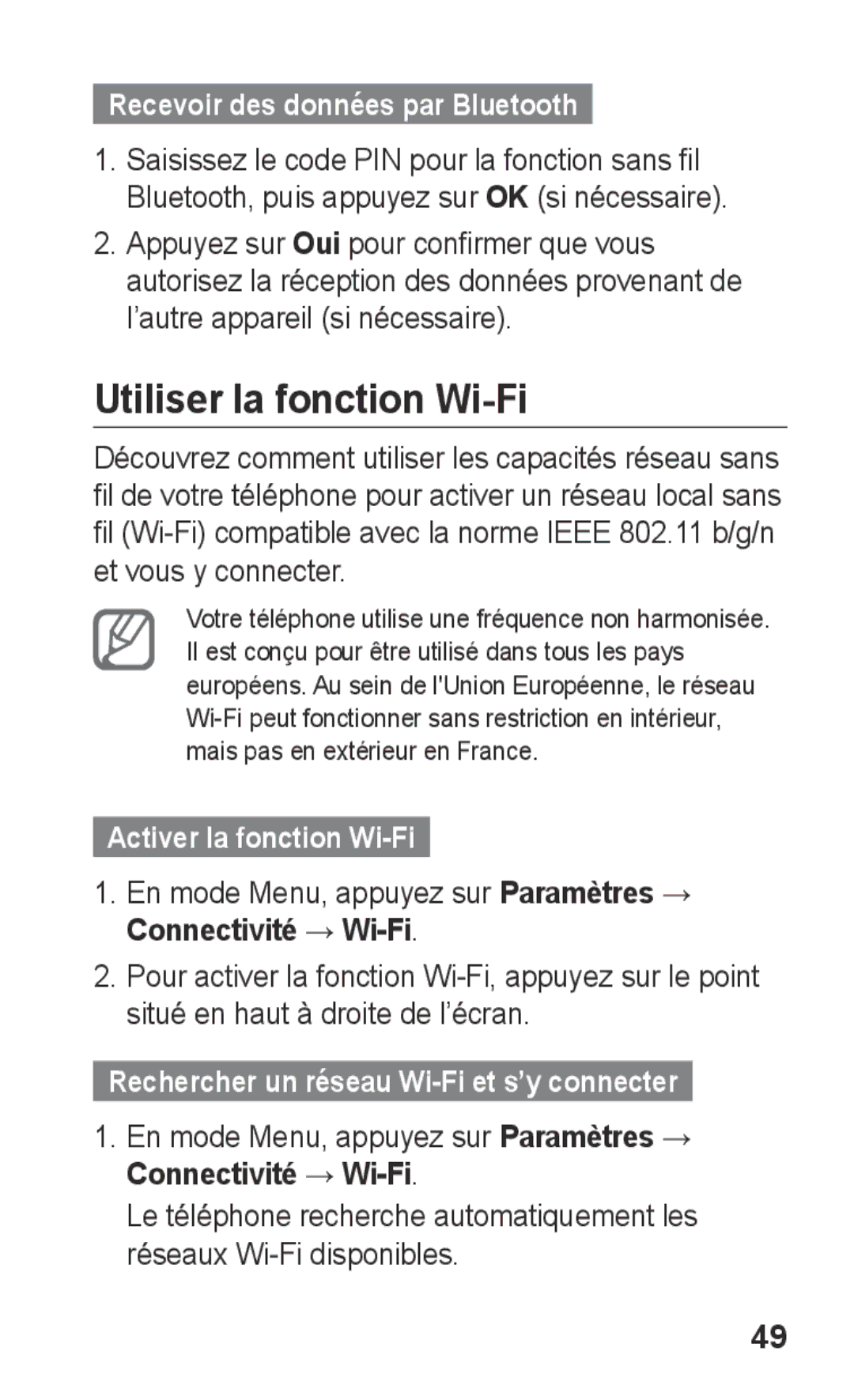 Samsung GT-S5260RWPFTM manual Utiliser la fonction Wi-Fi, Recevoir des données par Bluetooth, Activer la fonction Wi-Fi 