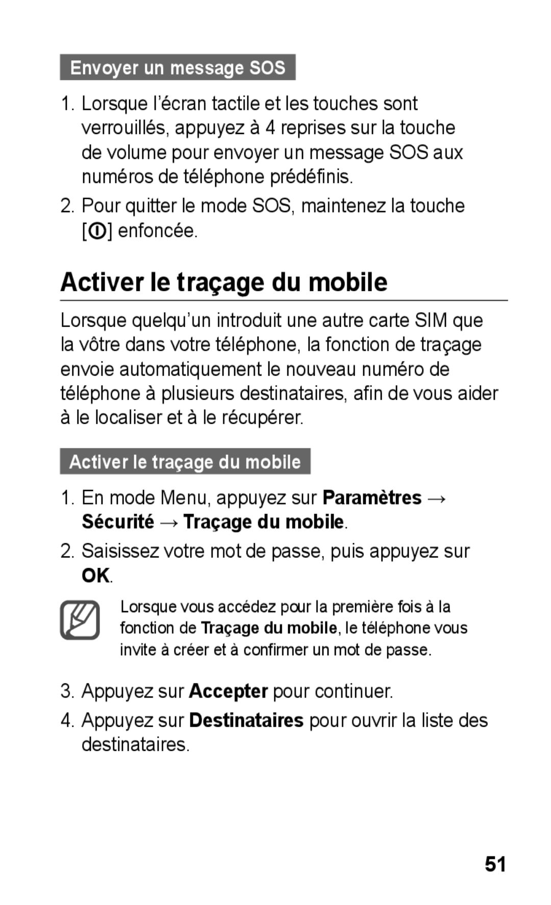 Samsung GT-S5260OKPFTM, GT-S5260RWPXEF, GT-S5260RWPFTM, GT-S5260OKPXEF Activer le traçage du mobile, Envoyer un message SOS 