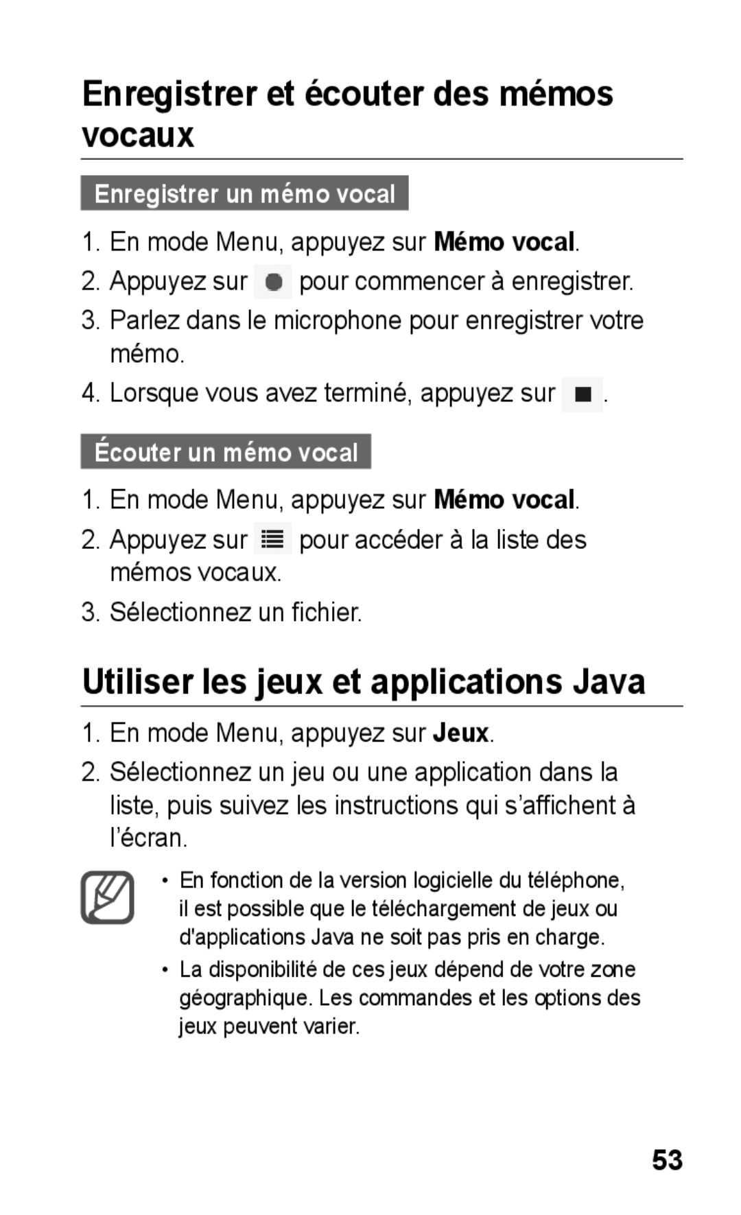 Samsung GT-S5260RWPFTM, GT-S5260RWPXEF Enregistrer et écouter des mémos vocaux, Utiliser les jeux et applications Java 