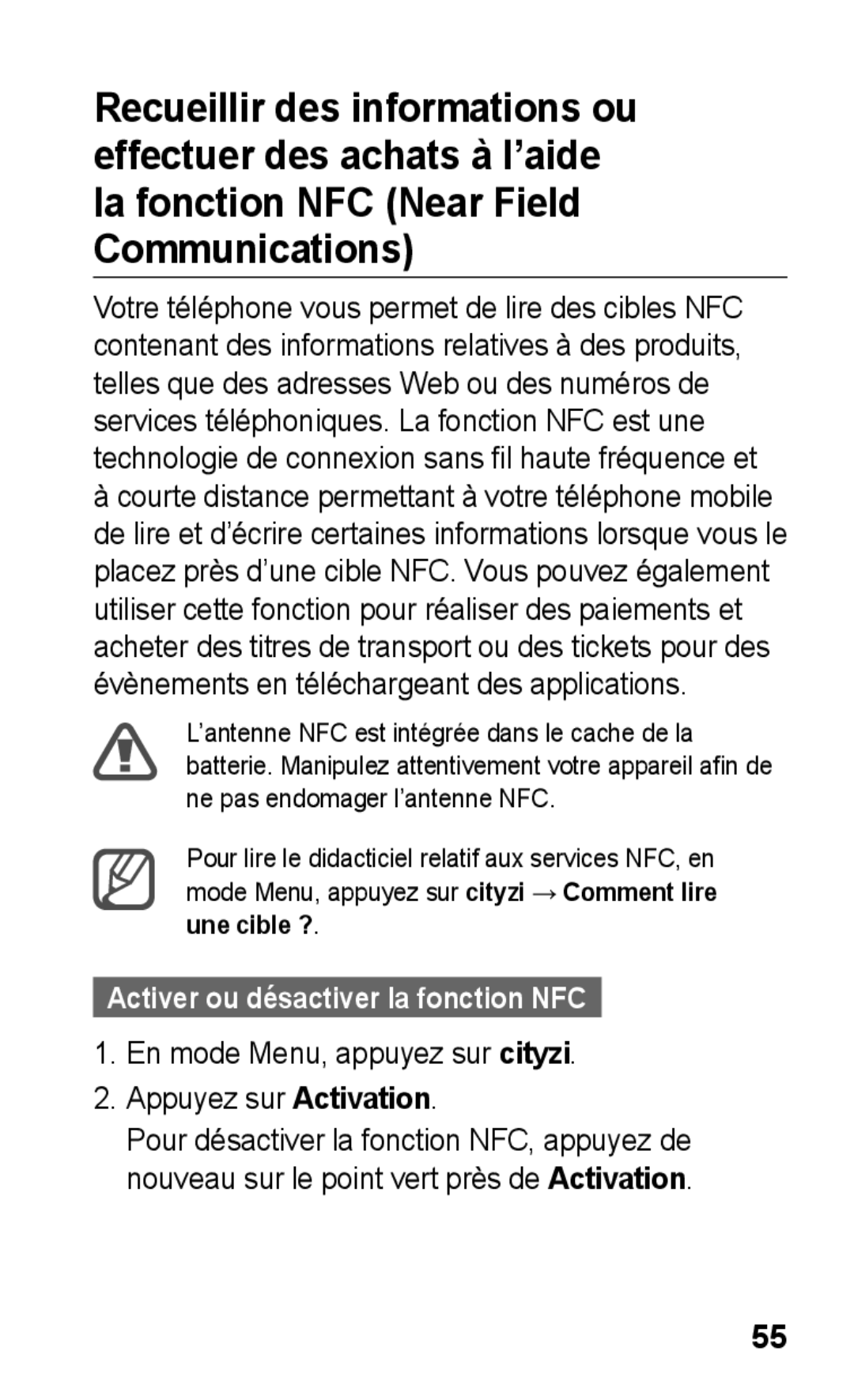 Samsung GT-S5260OKPFTM, GT-S5260RWPXEF Évènements en téléchargeant des applications, Activer ou désactiver la fonction NFC 