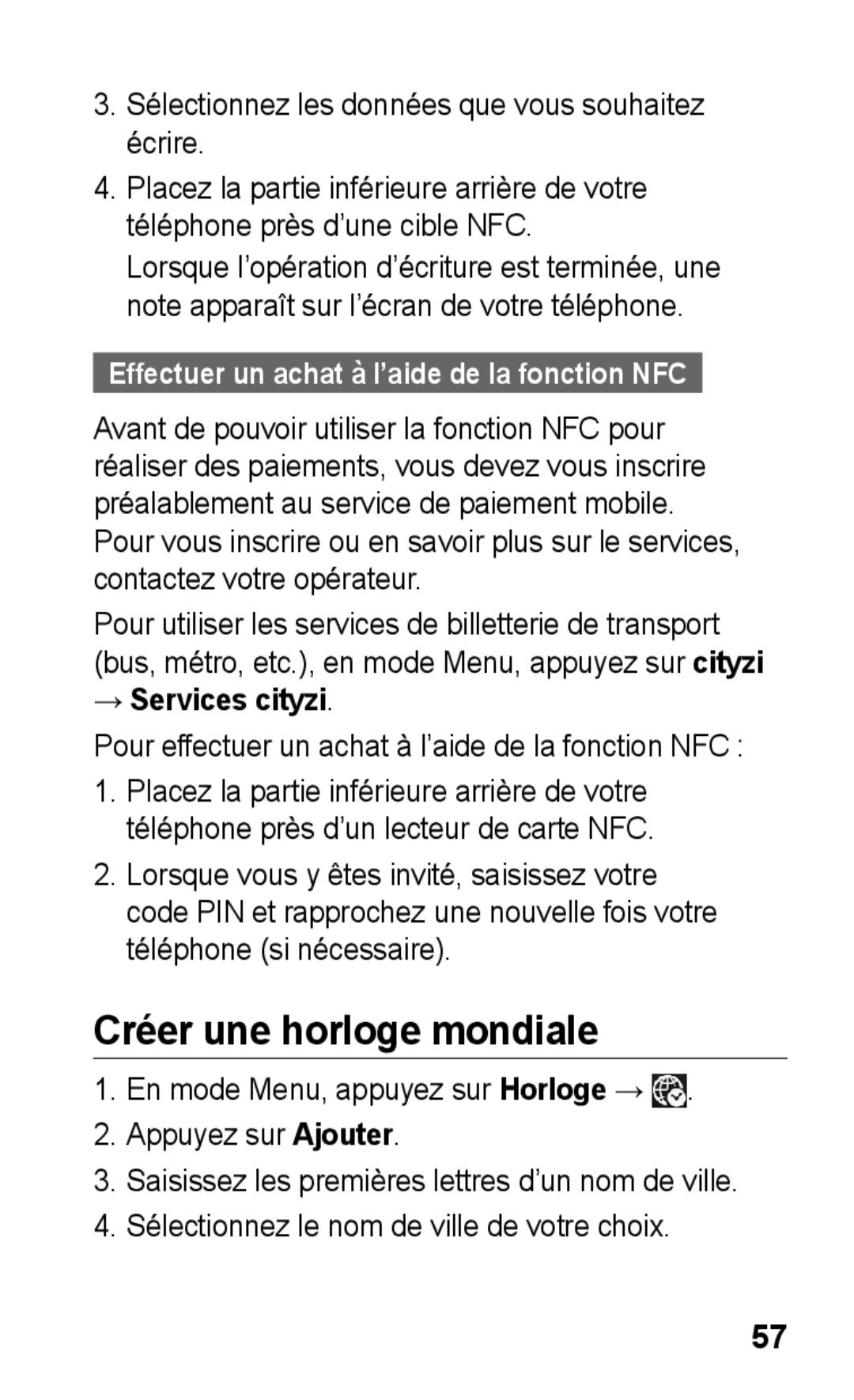 Samsung GT-S5260RWPFTM Créer une horloge mondiale, Sélectionnez les données que vous souhaitez écrire, → Services cityzi 