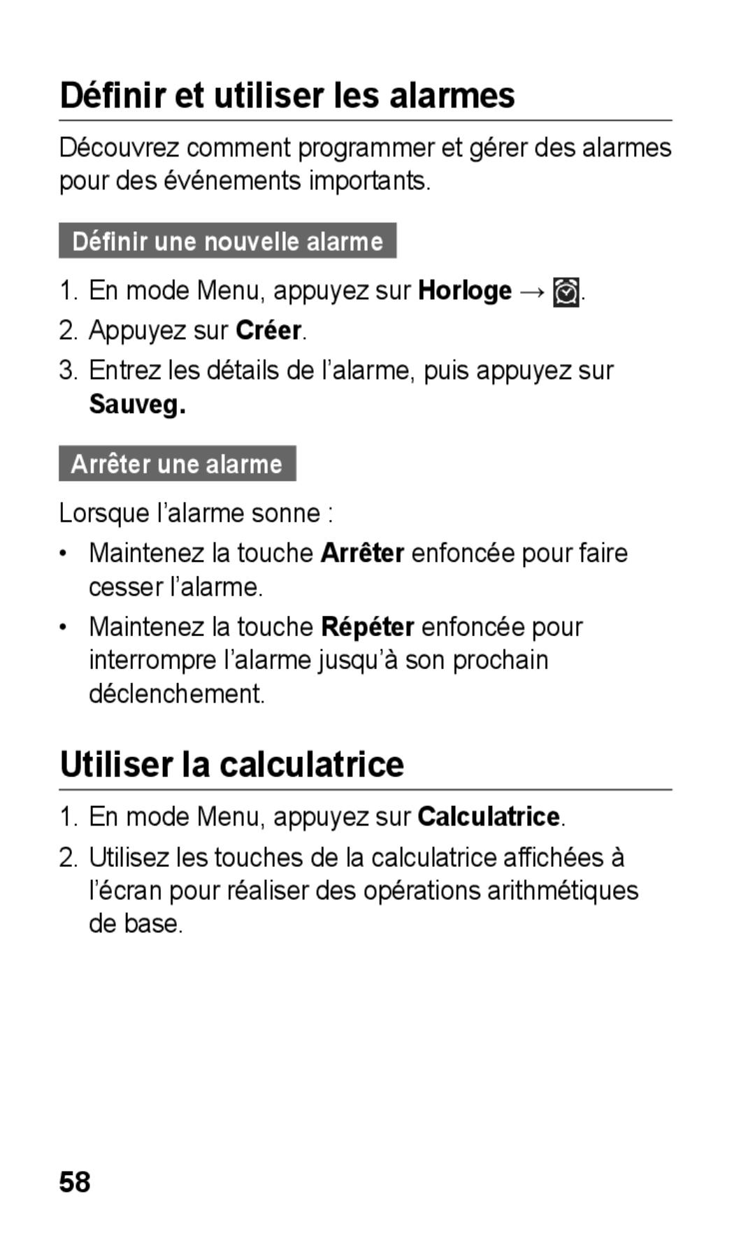 Samsung GT-S5260OKPXEF Définir et utiliser les alarmes, Utiliser la calculatrice, Définir une nouvelle alarme, Sauveg 