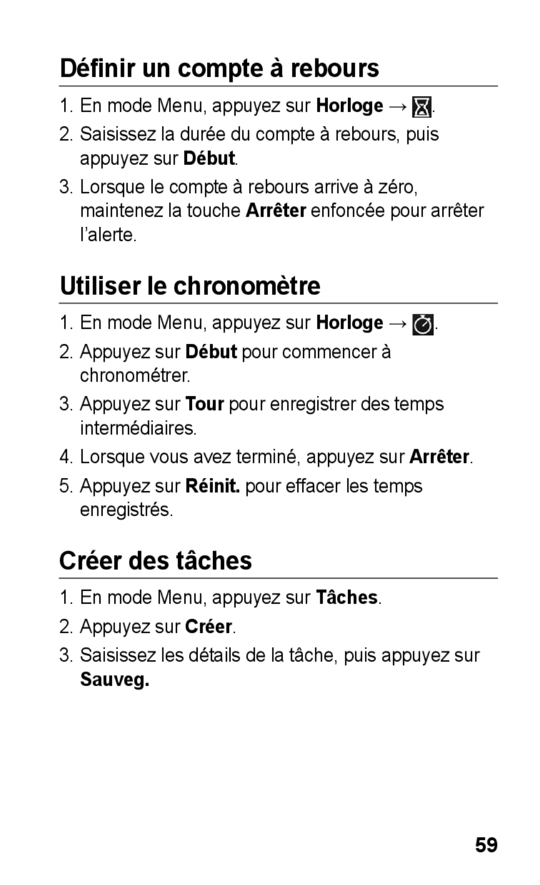 Samsung GT-S5260OKPFTM, GT-S5260RWPXEF manual Définir un compte à rebours, Utiliser le chronomètre, Créer des tâches 