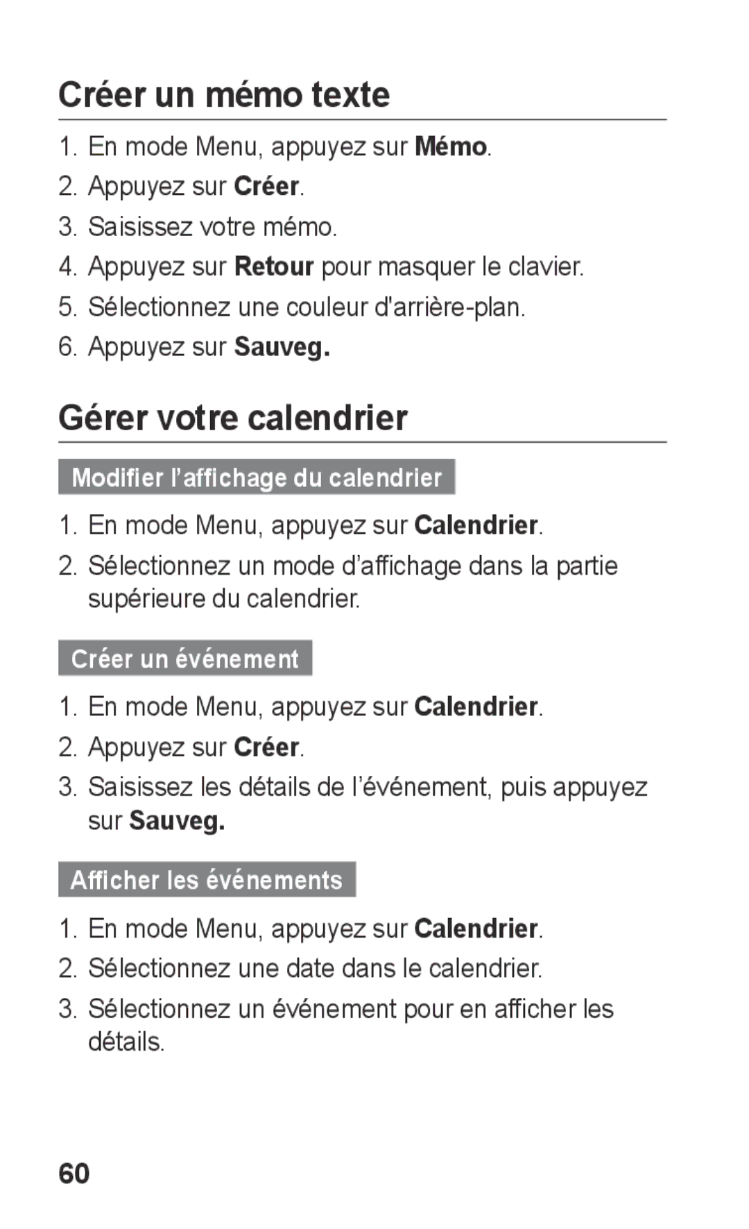 Samsung GT-S5260RWPXEF Créer un mémo texte, Gérer votre calendrier, Modifier l’affichage du calendrier, Créer un événement 