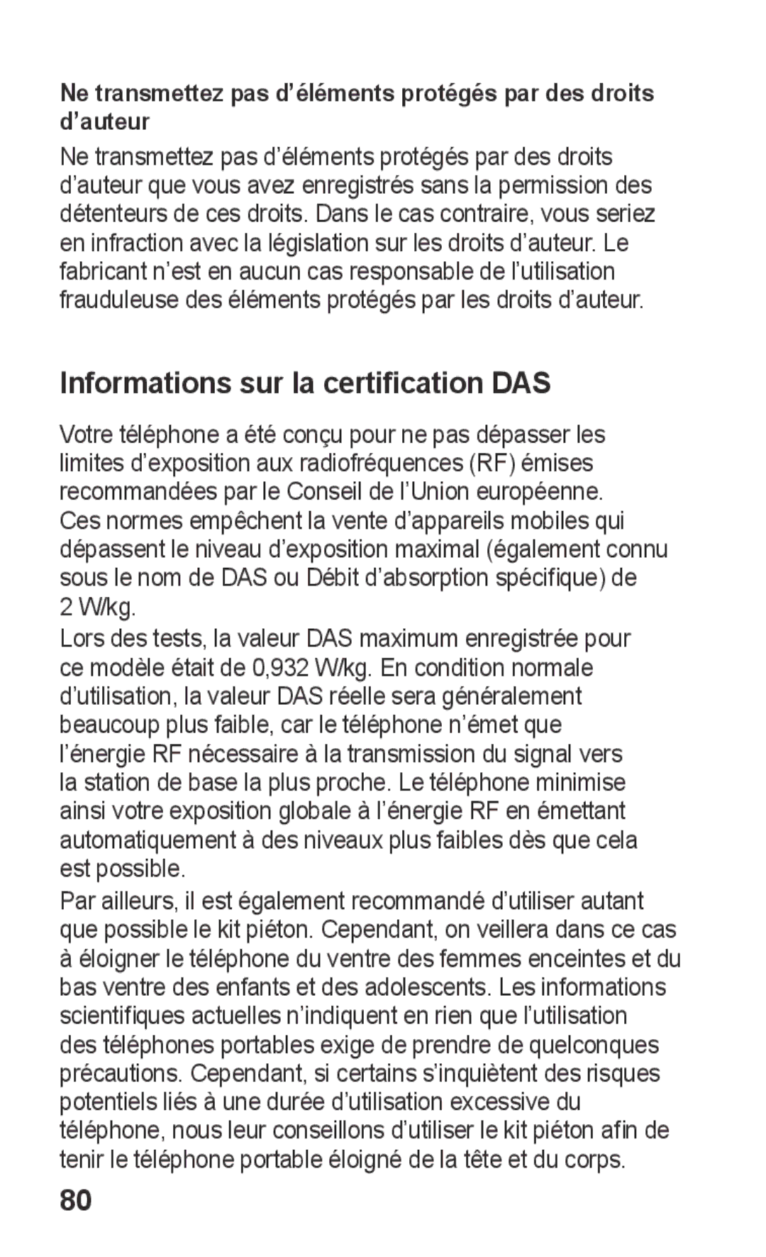 Samsung GT-S5260RWPXEF, GT-S5260RWPFTM, GT-S5260OKPXEF, GT-S5260OKPFTM manual Informations sur la certification DAS 