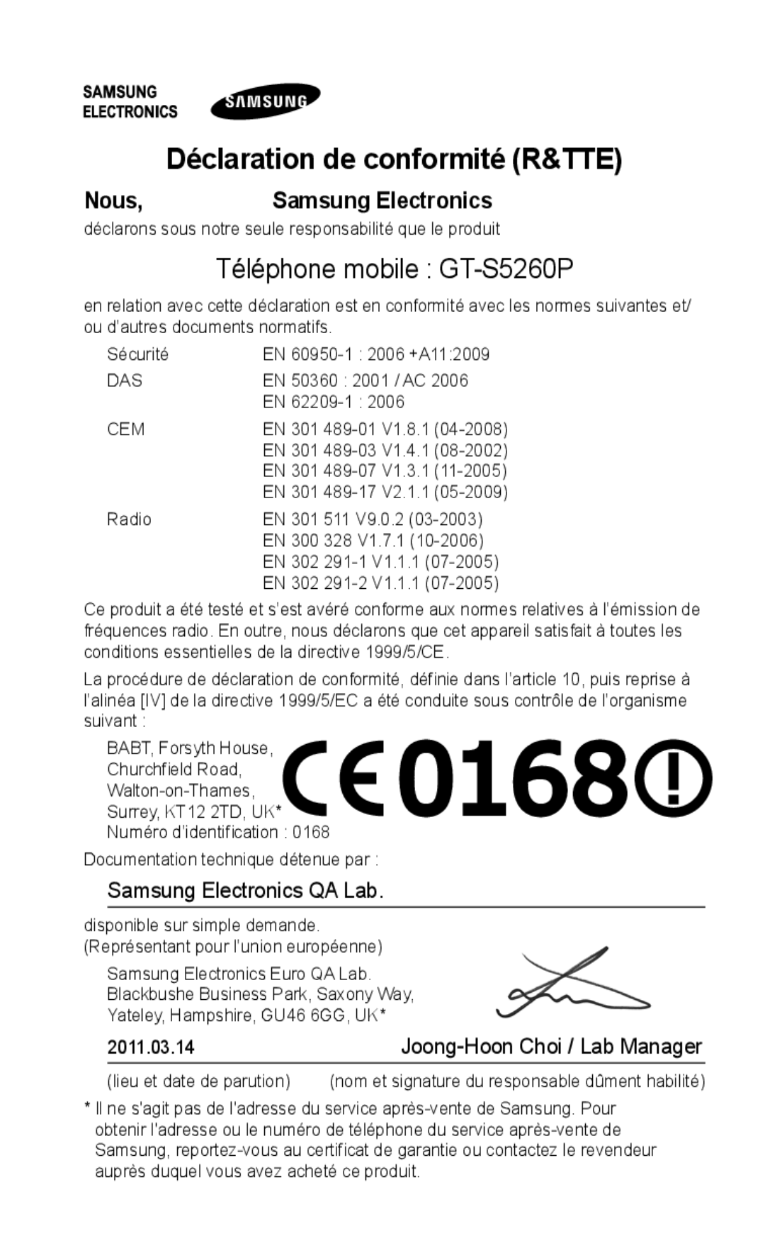 Samsung GT-S5260RWPFTM, GT-S5260RWPXEF, GT-S5260OKPXEF manual Déclaration de conformité R&TTE, Téléphone mobile GT-S5260P 