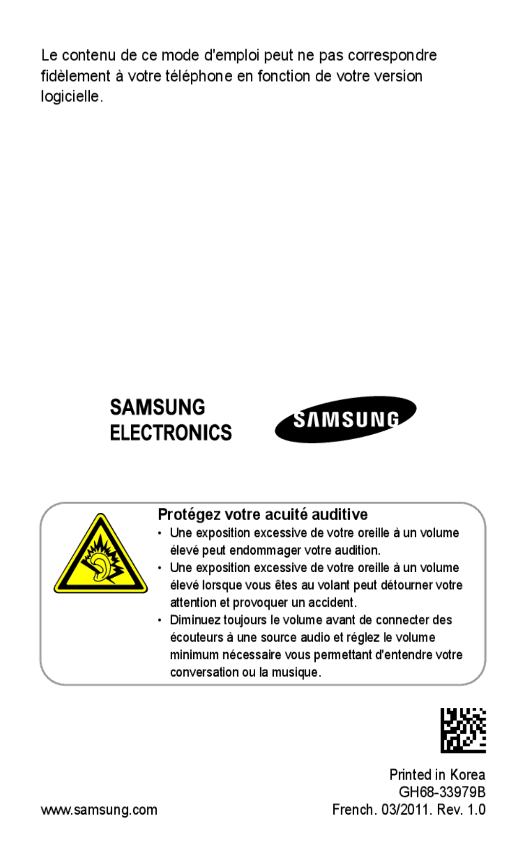 Samsung GT-S5260OKPXEF, GT-S5260RWPXEF, GT-S5260RWPFTM, GT-S5260OKPFTM manual Protégez votre acuité auditive 