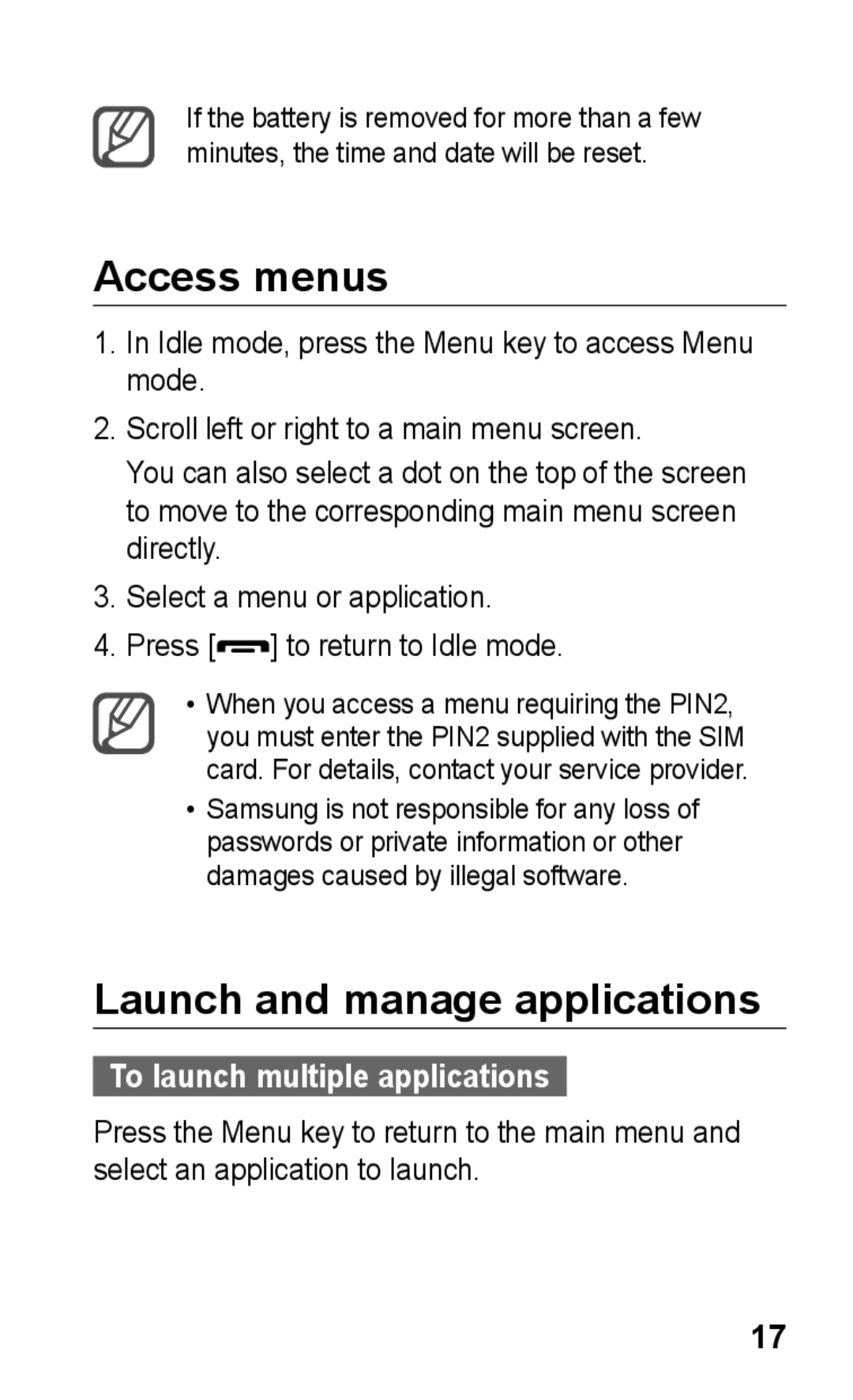 Samsung GT-S5263RWAMMC, GT-S5263OKAJED manual Access menus, Launch and manage applications, To launch multiple applications 