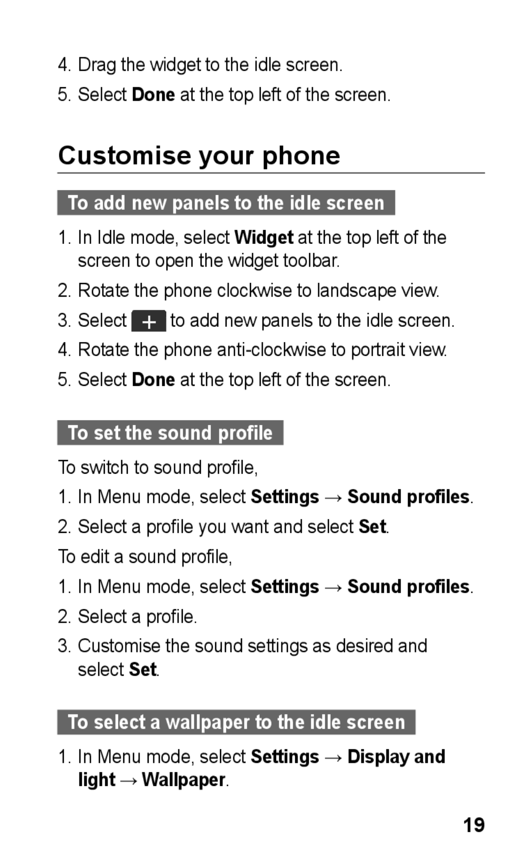 Samsung GT-S5263RWAXSG manual Customise your phone, To add new panels to the idle screen, To set the sound profile 