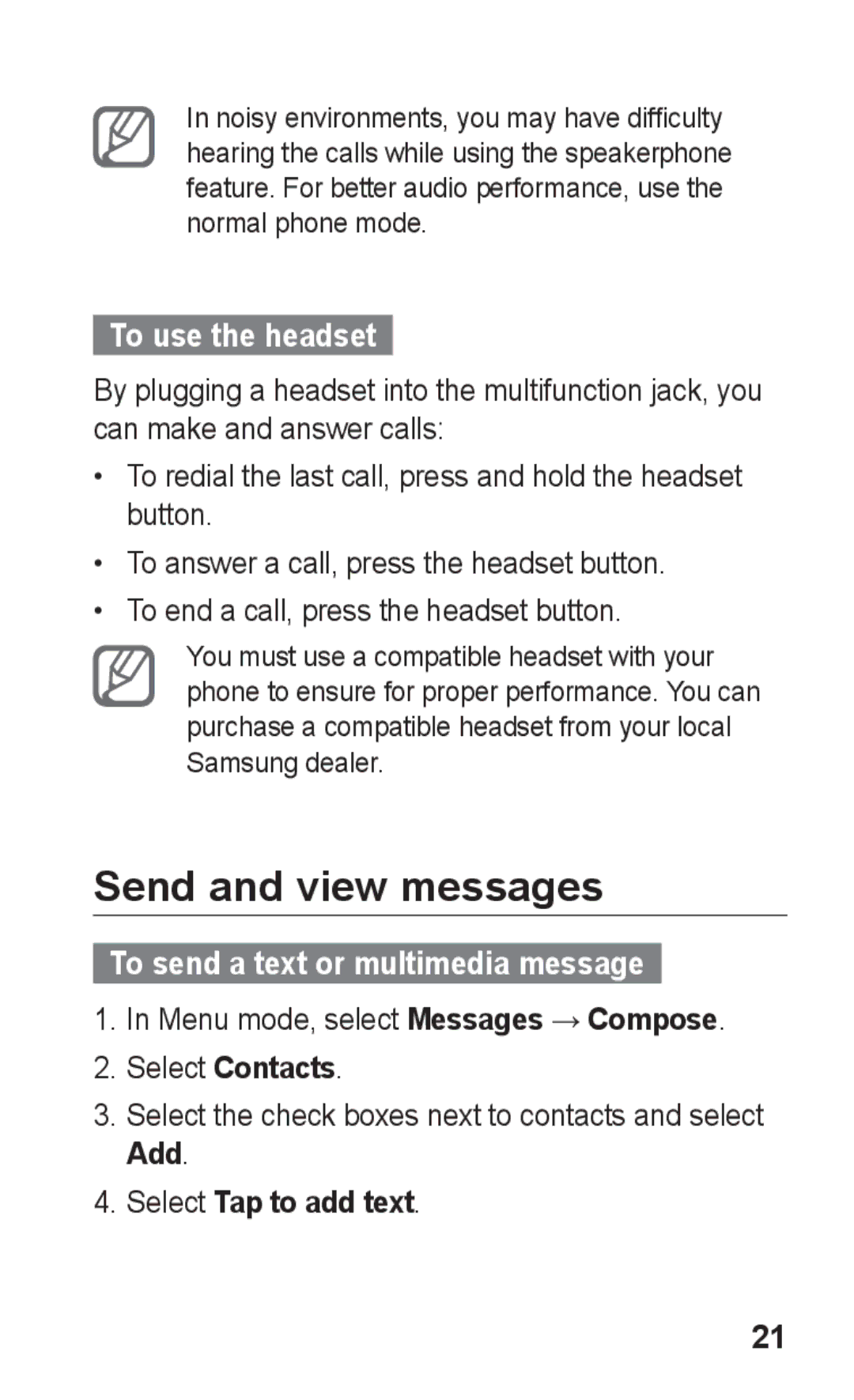 Samsung GT-S5263RWSKSA, GT-S5263OKAJED Send and view messages, To use the headset, To send a text or multimedia message 