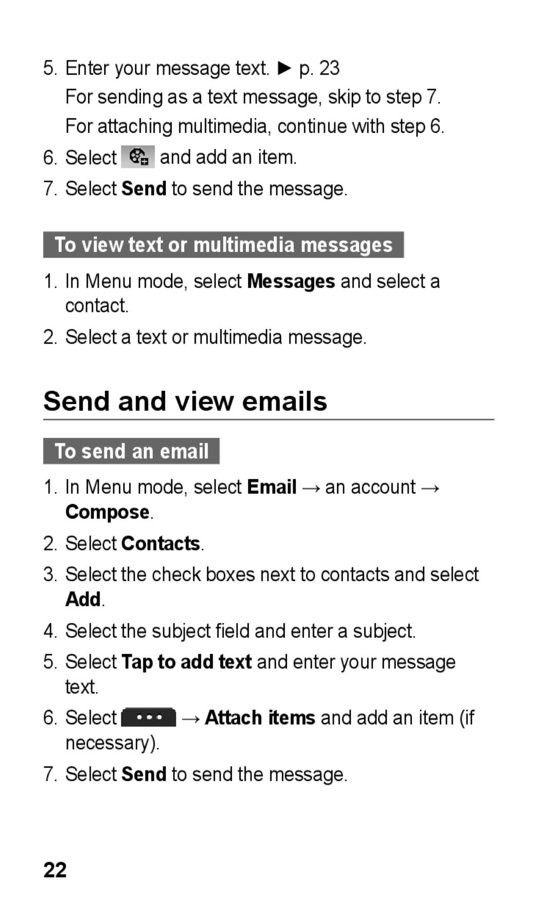 Samsung GT-S5263OKAEGY manual Send and view emails, Enter your message text. p, To view text or multimedia messages 