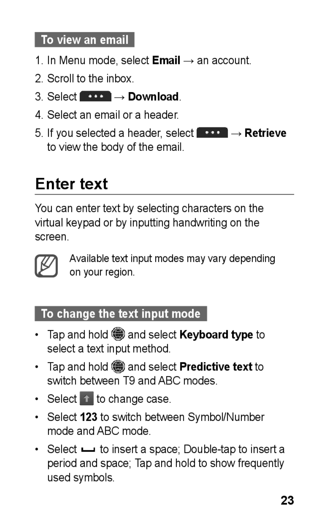 Samsung GT-S5263OKAMID, GT-S5263OKAJED, GT-S5263OKATUN manual Enter text, To view an email, To change the text input mode 