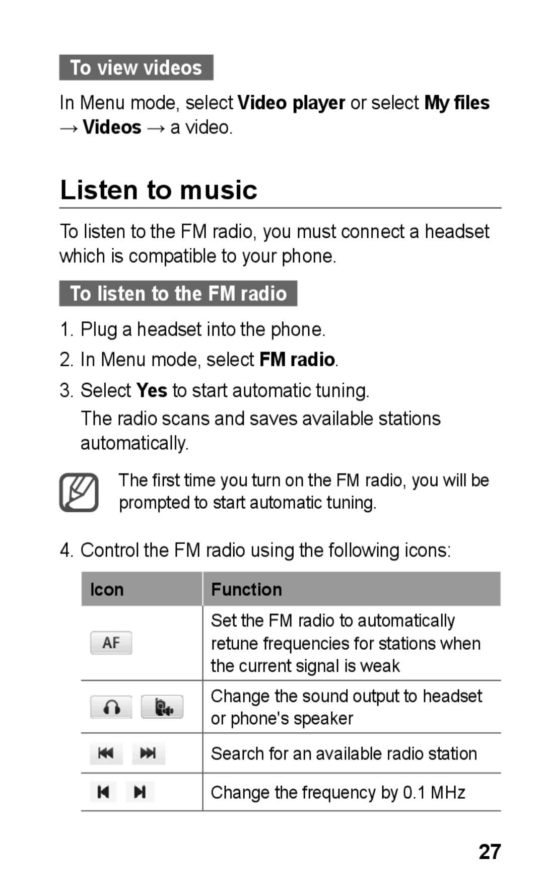 Samsung GT-S5263OKAPAK, GT-S5263OKAJED, GT-S5263OKATUN manual Listen to music, To view videos, To listen to the FM radio 