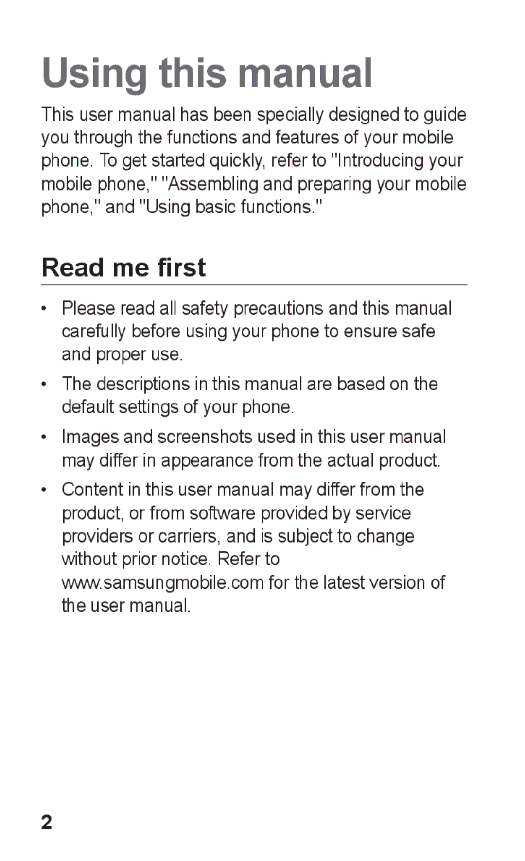 Samsung GT-S5263OKSKSA, GT-S5263OKAJED, GT-S5263OKATUN, GT-S5263OKAXSG, GT-S5263RWAJED Using this manual, Read me first 