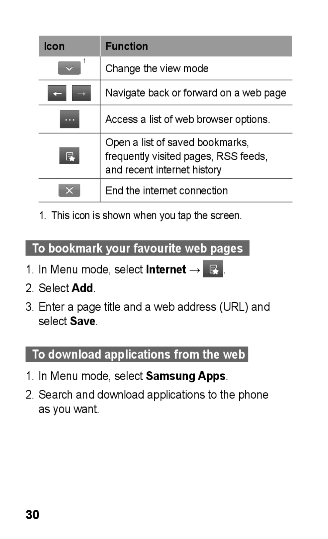 Samsung GT-S5263RWAXXV, GT-S5263OKAJED manual To bookmark your favourite web pages, To download applications from the web  