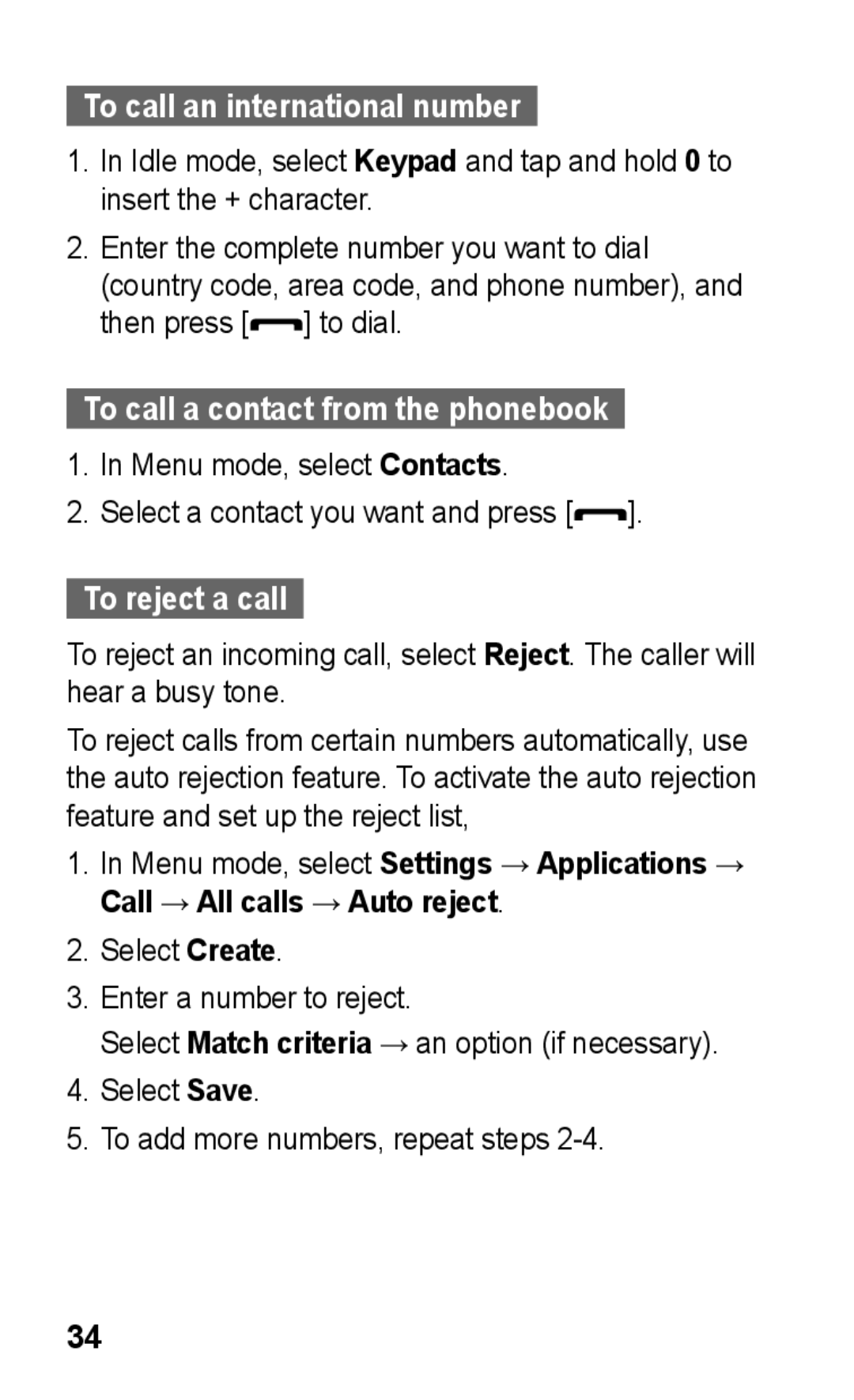 Samsung GT-S5263OKSKSA manual To call an international number, To call a contact from the phonebook, To reject a call 