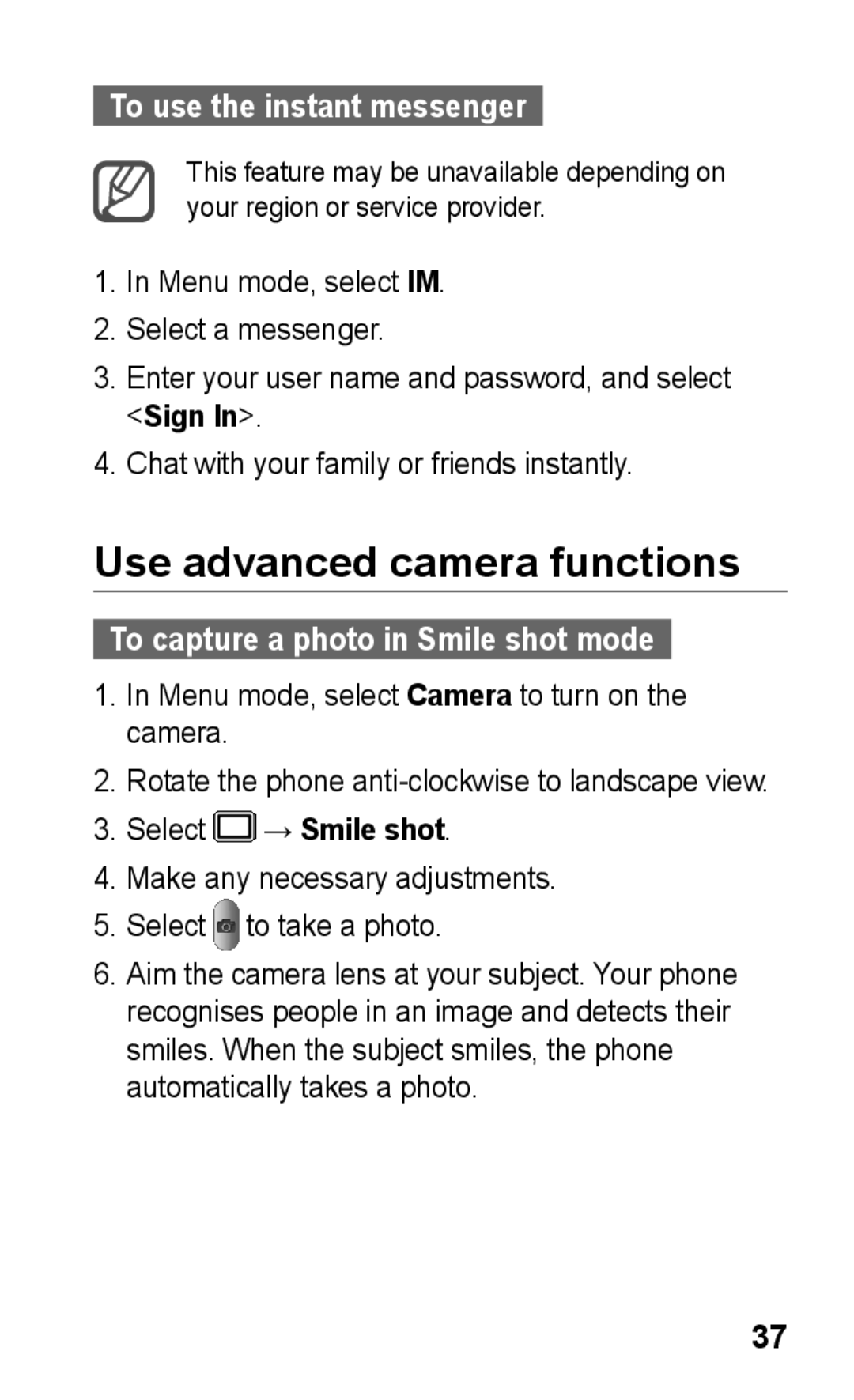 Samsung GT-S5263RWAKSA Use advanced camera functions, To use the instant messenger, To capture a photo in Smile shot mode 