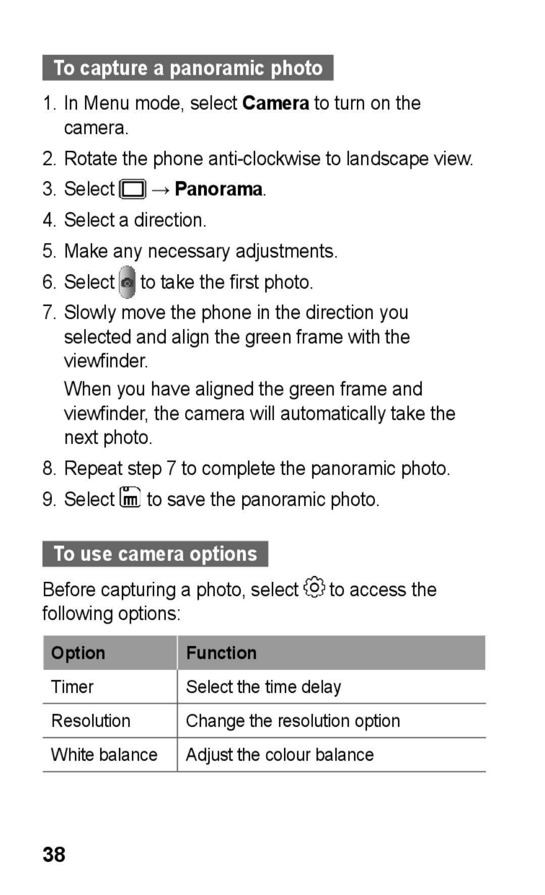 Samsung GT-S5263OKAKSA, GT-S5263OKAJED, GT-S5263OKATUN, GT-S5263OKAXSG To capture a panoramic photo, To use camera options 