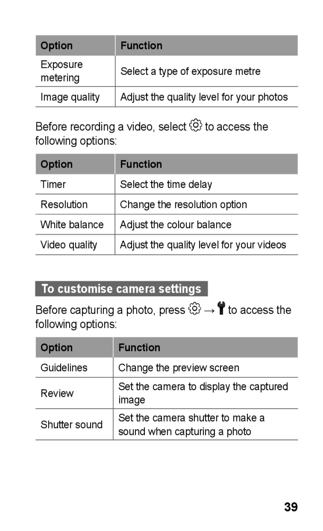 Samsung GT-S5263RWABTC, GT-S5263OKAJED, GT-S5263OKATUN, GT-S5263OKAXSG, GT-S5263OKSKSA manual To customise camera settings 