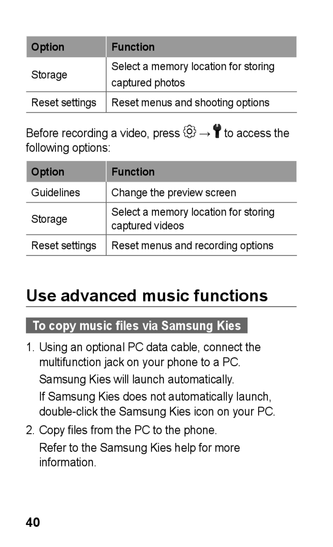 Samsung GT-S5263RWATUN, GT-S5263OKAJED, GT-S5263OKATUN Use advanced music functions, To copy music files via Samsung Kies 