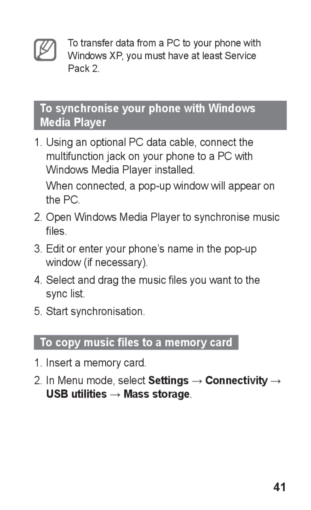 Samsung GT-S5263OKAABS manual To synchronise your phone with Windows Media Player, To copy music files to a memory card 